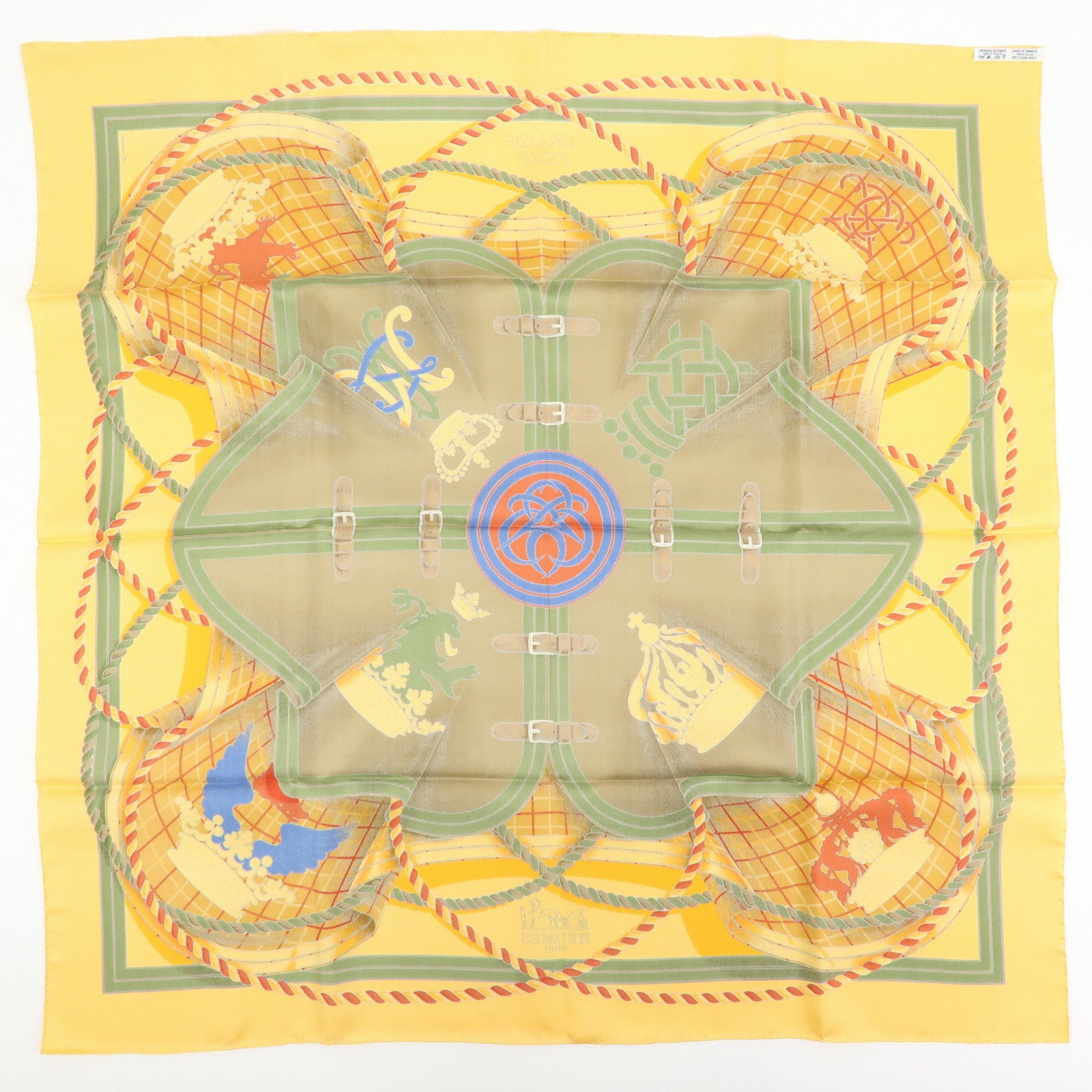 HERMES Carre 90 Silk 100% Scarf GRANDE TENUE Yellow Brown Green