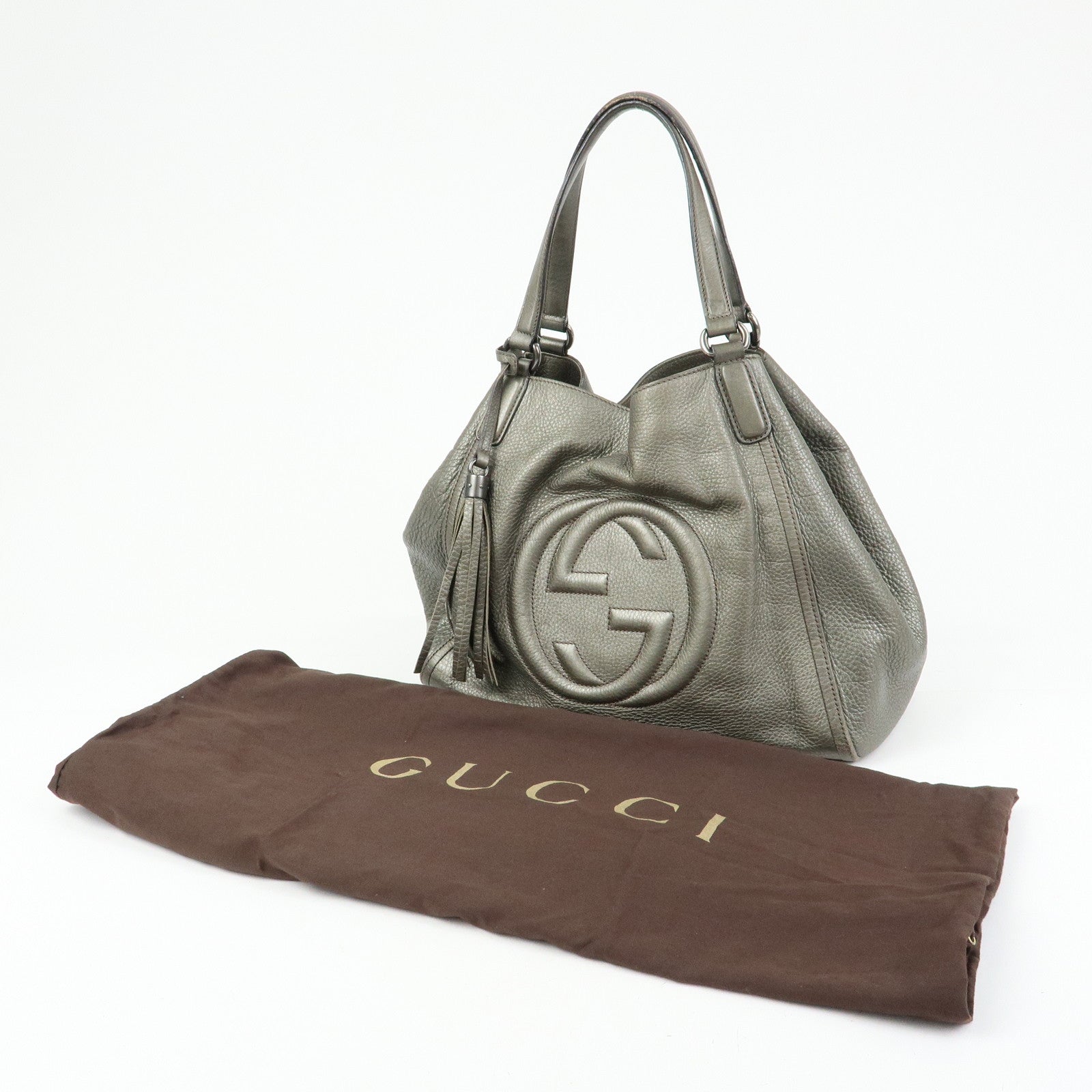 GUCCI SOHO Interlocking G Leather Tote Bag Hand Bag Silver 282309