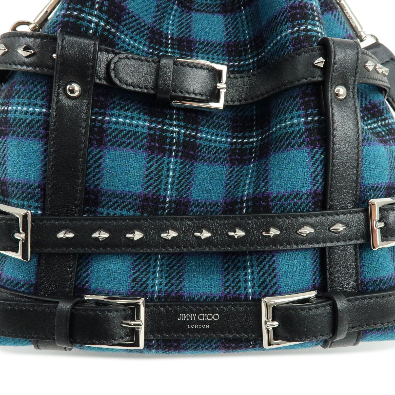 JIMMY CHOO Bonbon Bucket Canvas Leather 2Way Shoulder Bag Blue