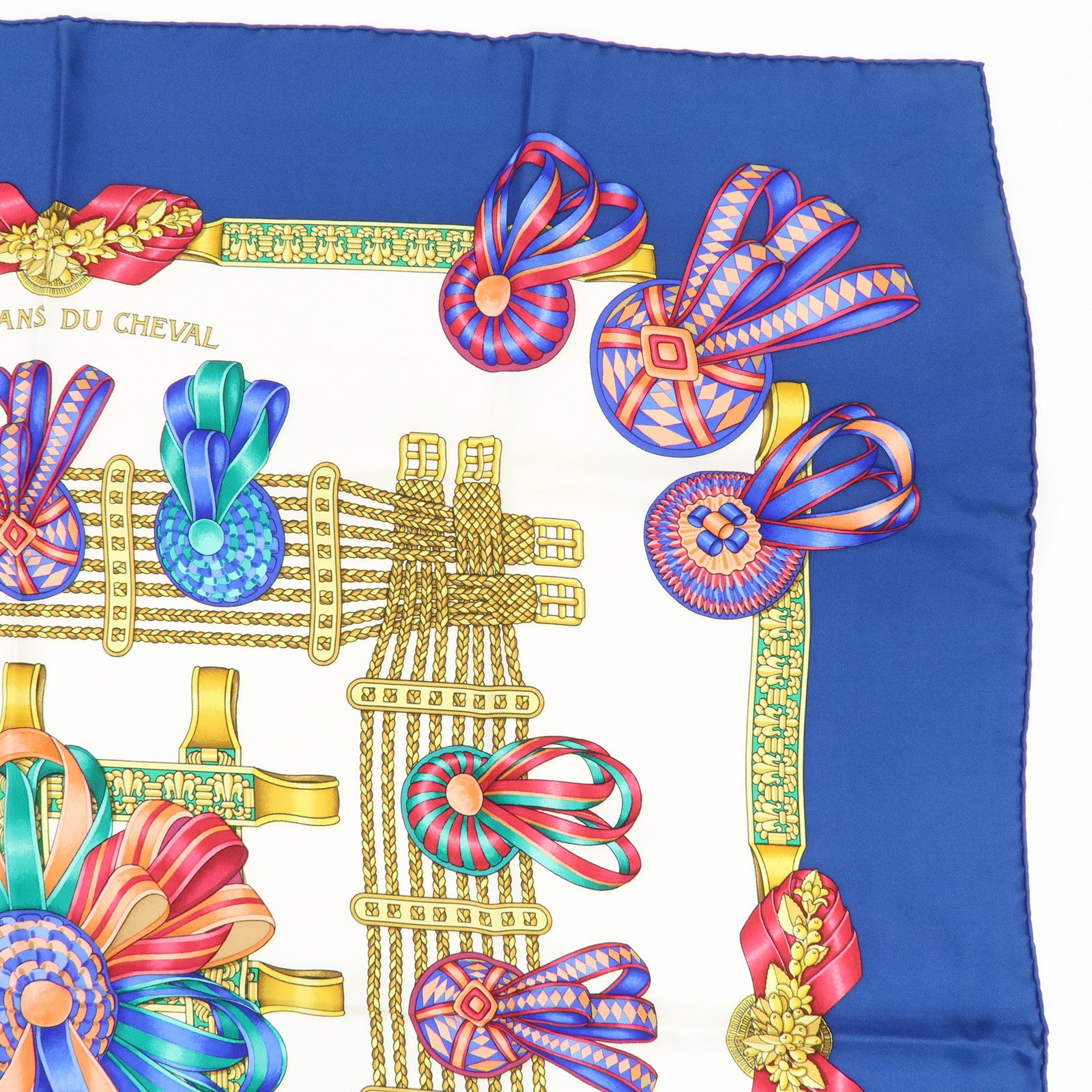 HERMES Carre 90 Silk 100% Scarf LES RUBANS DU CHEVAL Navy Gold
