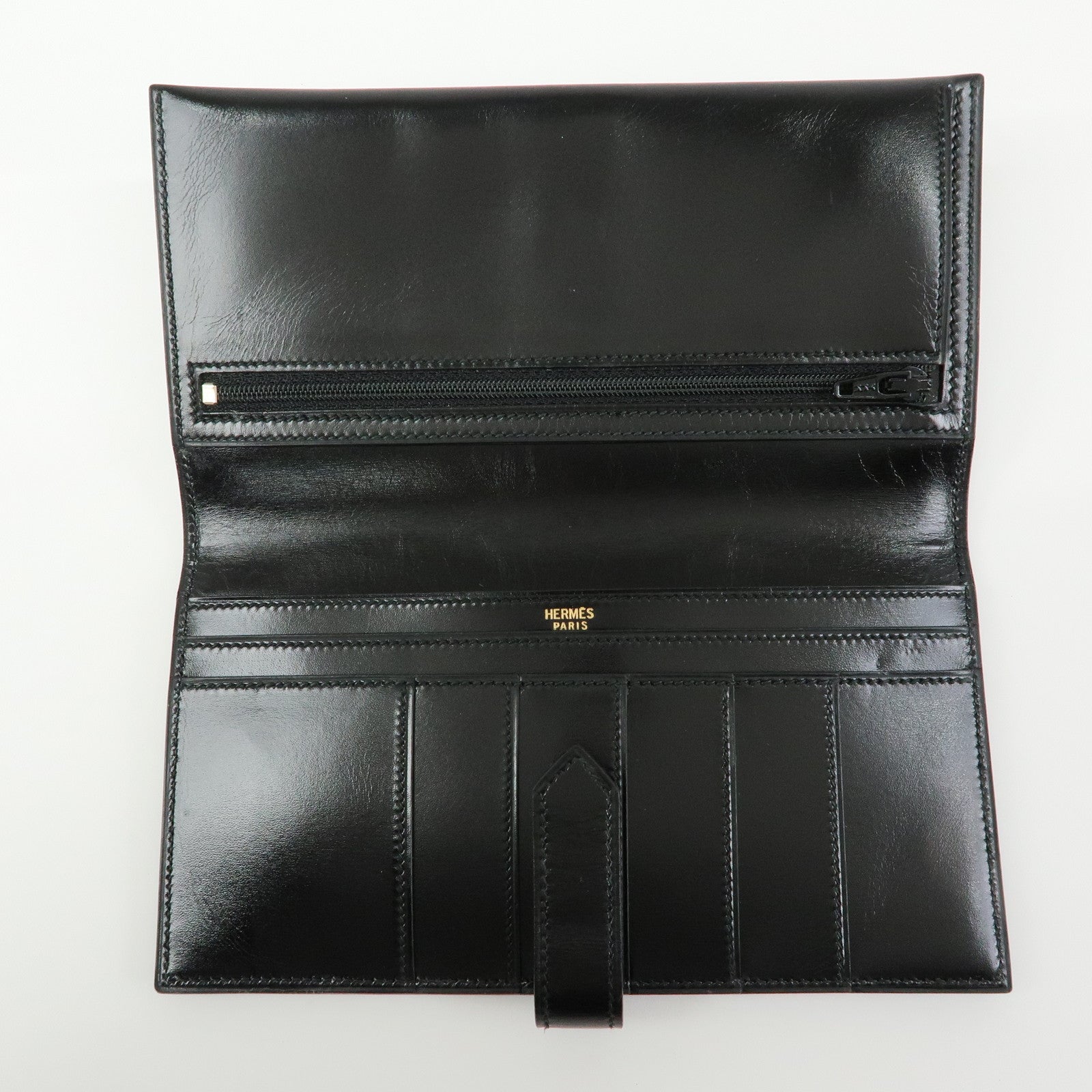 HERMES Bearn Box Calf Bi-fold Long Wallet 〇QStamped Black Gold