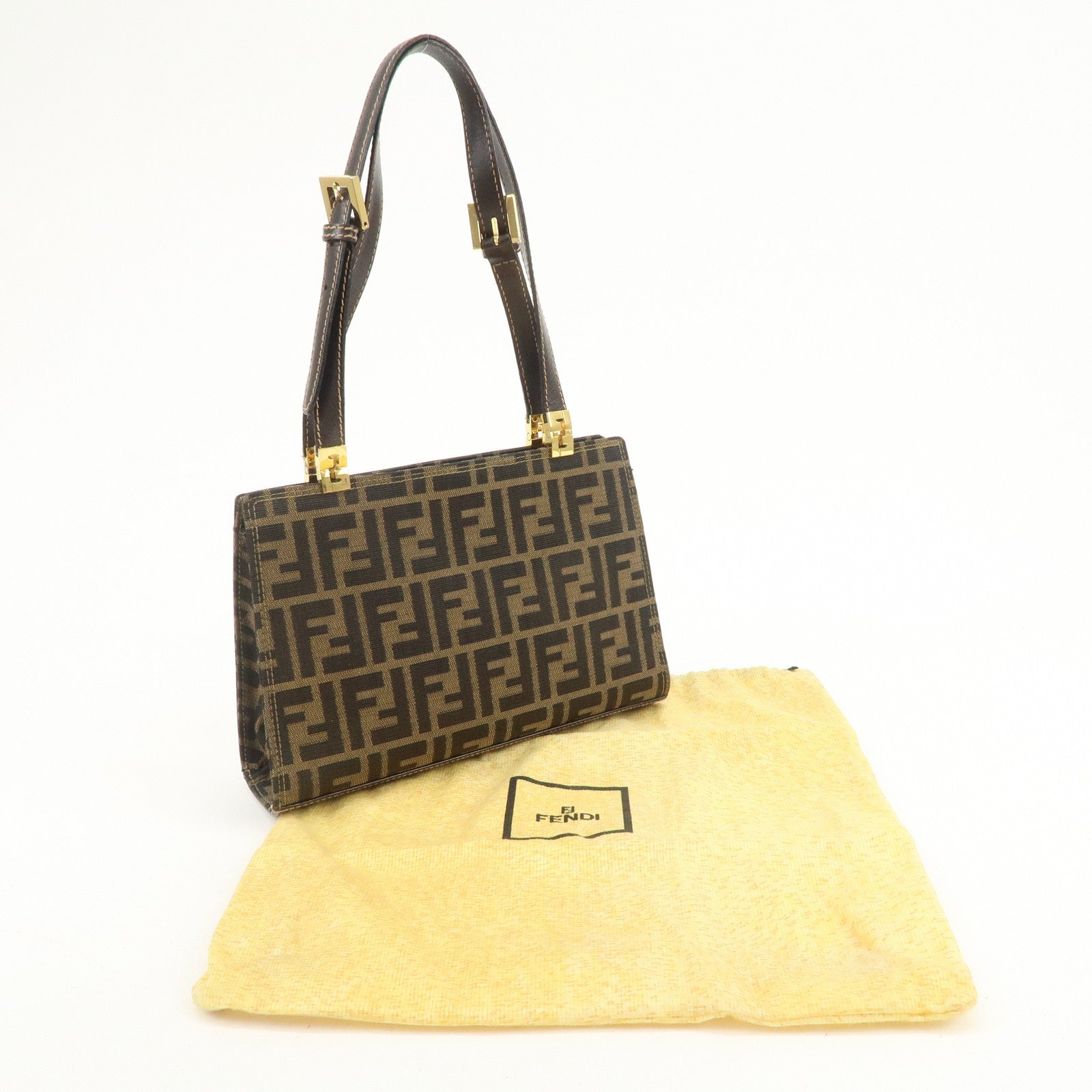 FENDI Zucca Canvas Leather Shoulder Bag Hand Bag Brown Black