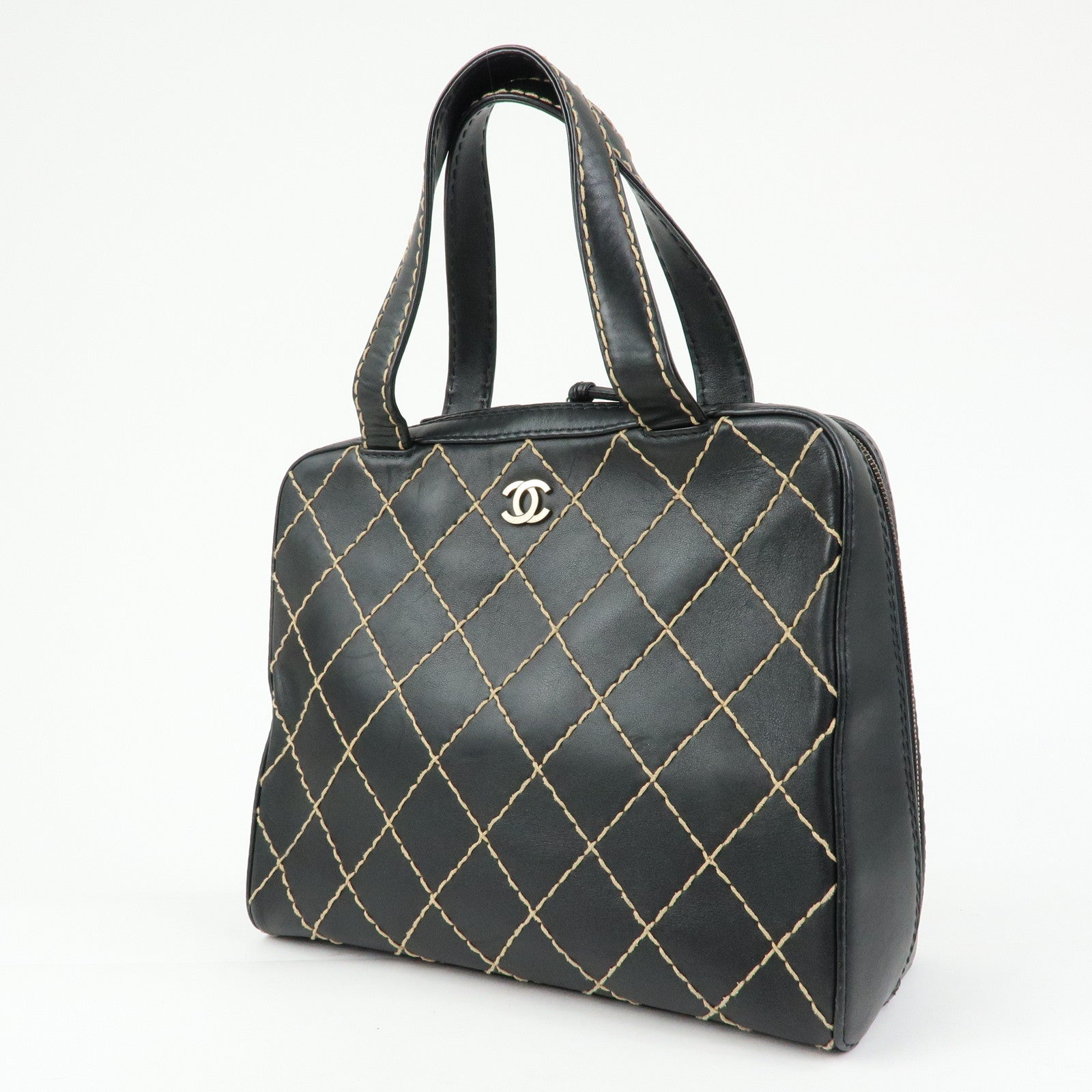 CHANEL Wild Stitch COCO Mark Leather Hand Bag Tote Bag Black A14693