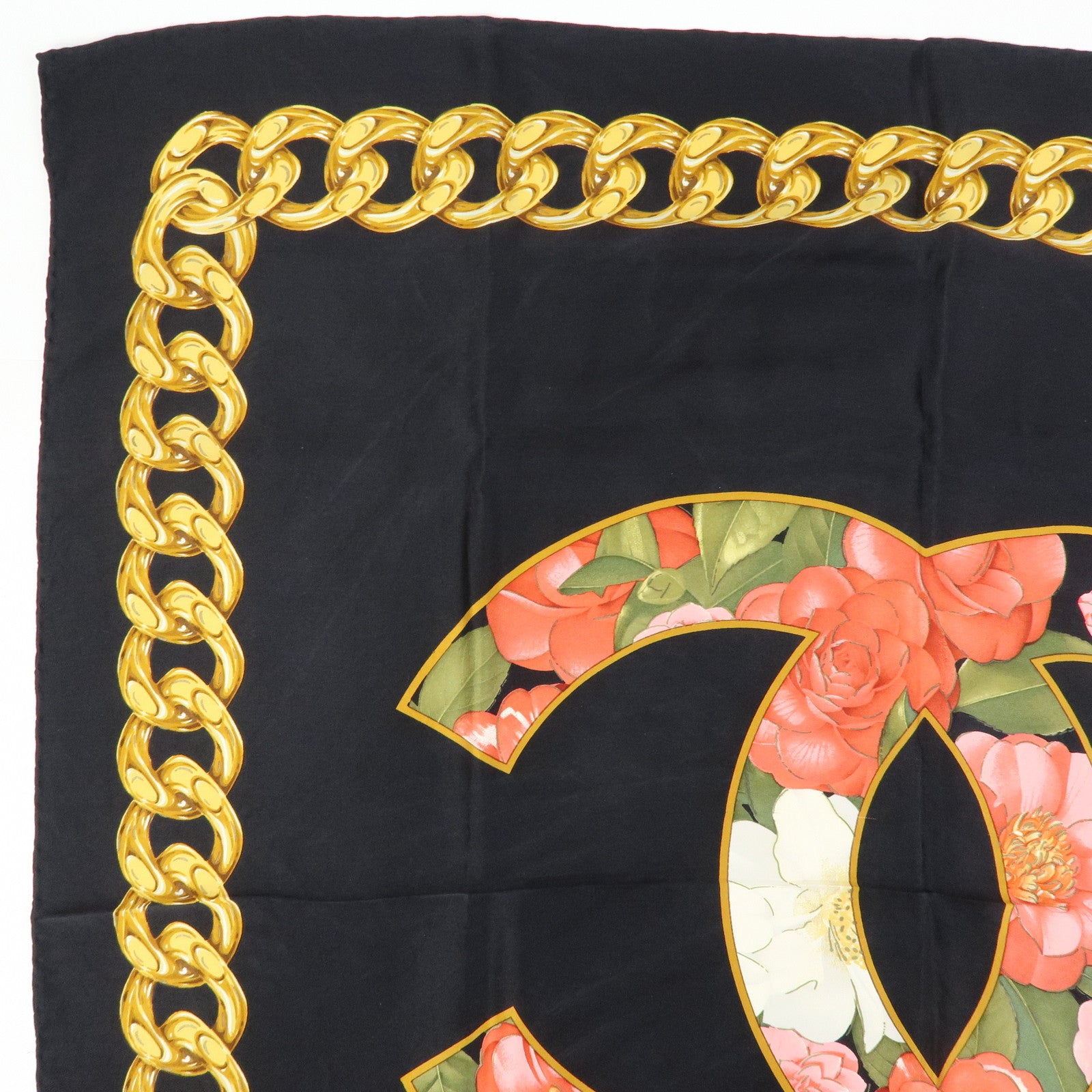 CHANEL COCO Mark Silk 100% Scarf Floral Motif Black Gold