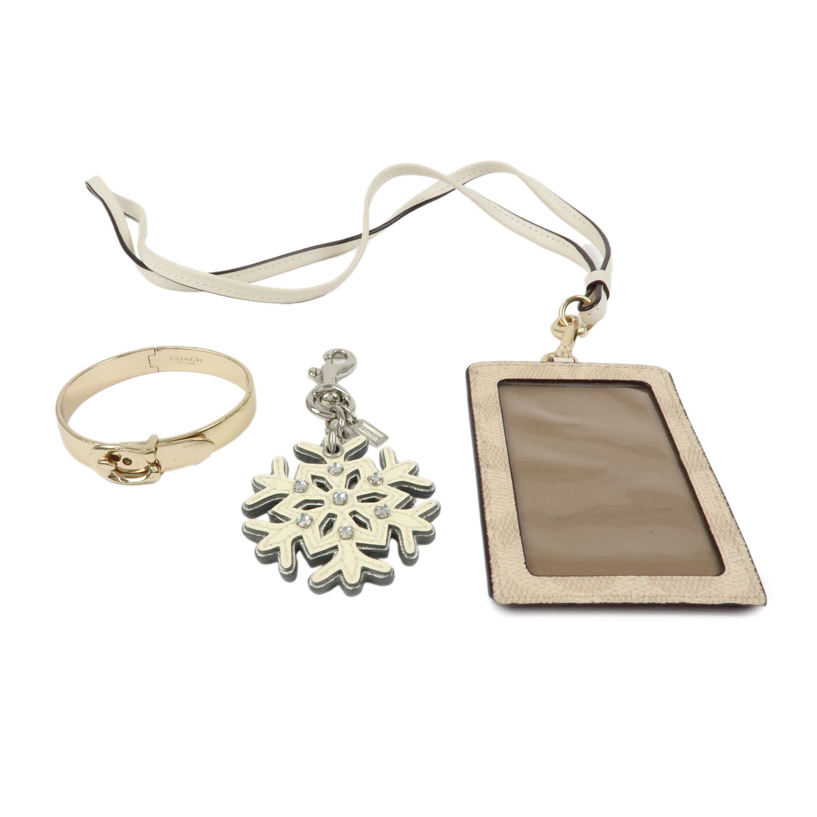 COACH Signature Set of 3 Card Case Charm Bracelet Beige Ivory Gold