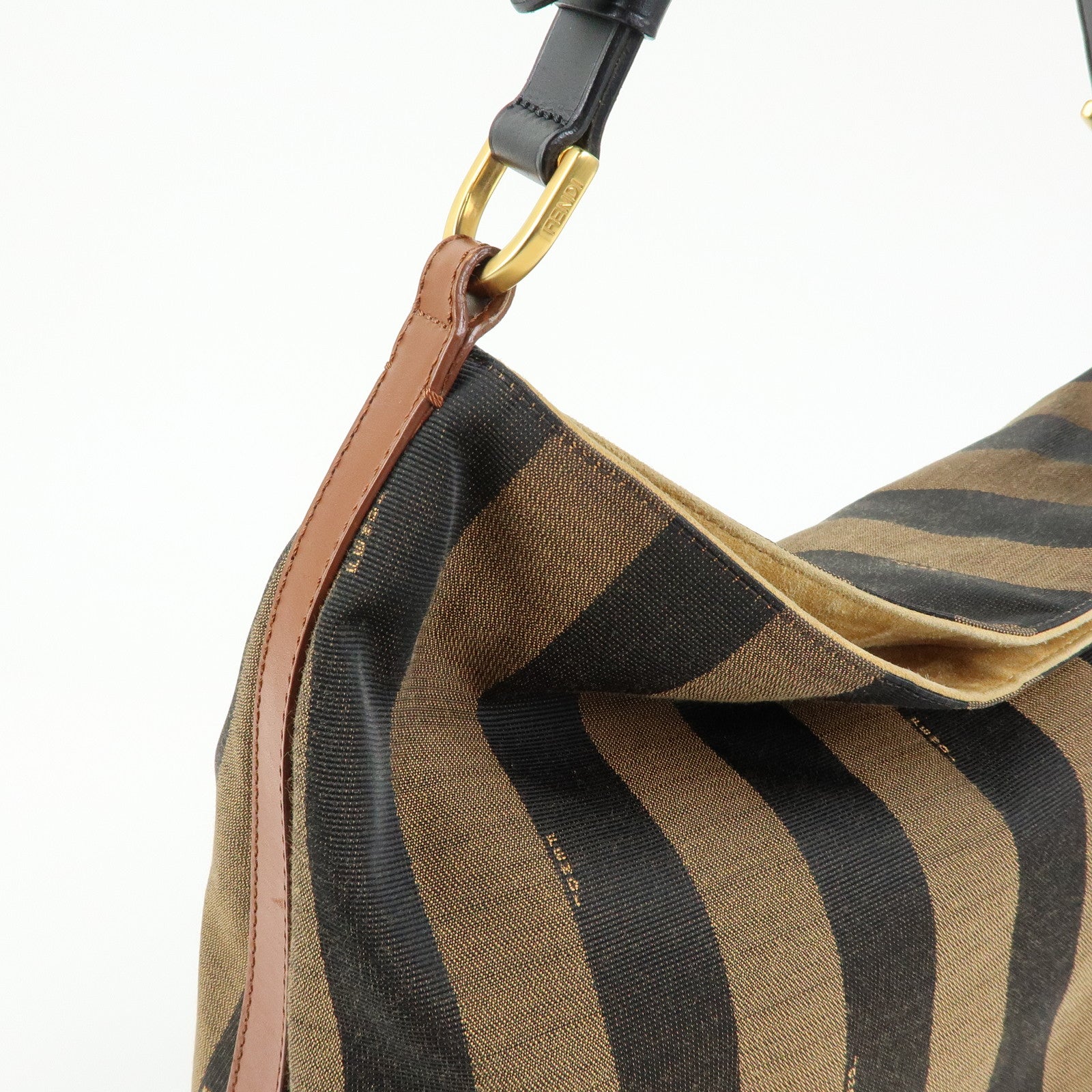 FENDI Pequin Canvas Leather Shoulder Bag Brown Black 8BR653