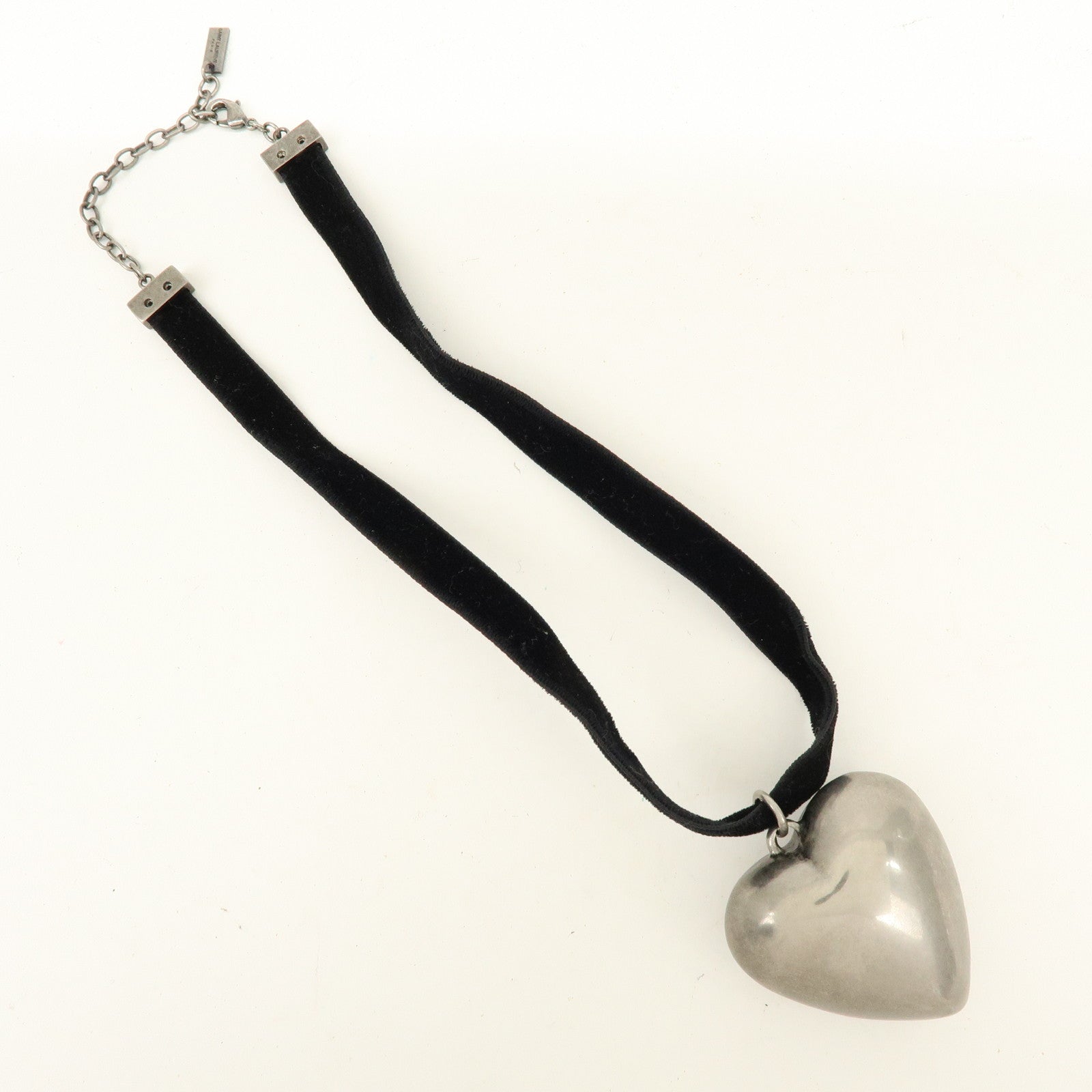 SAINT LAURENT PARIS Velour Oversize Heart Choker Necklace Silver