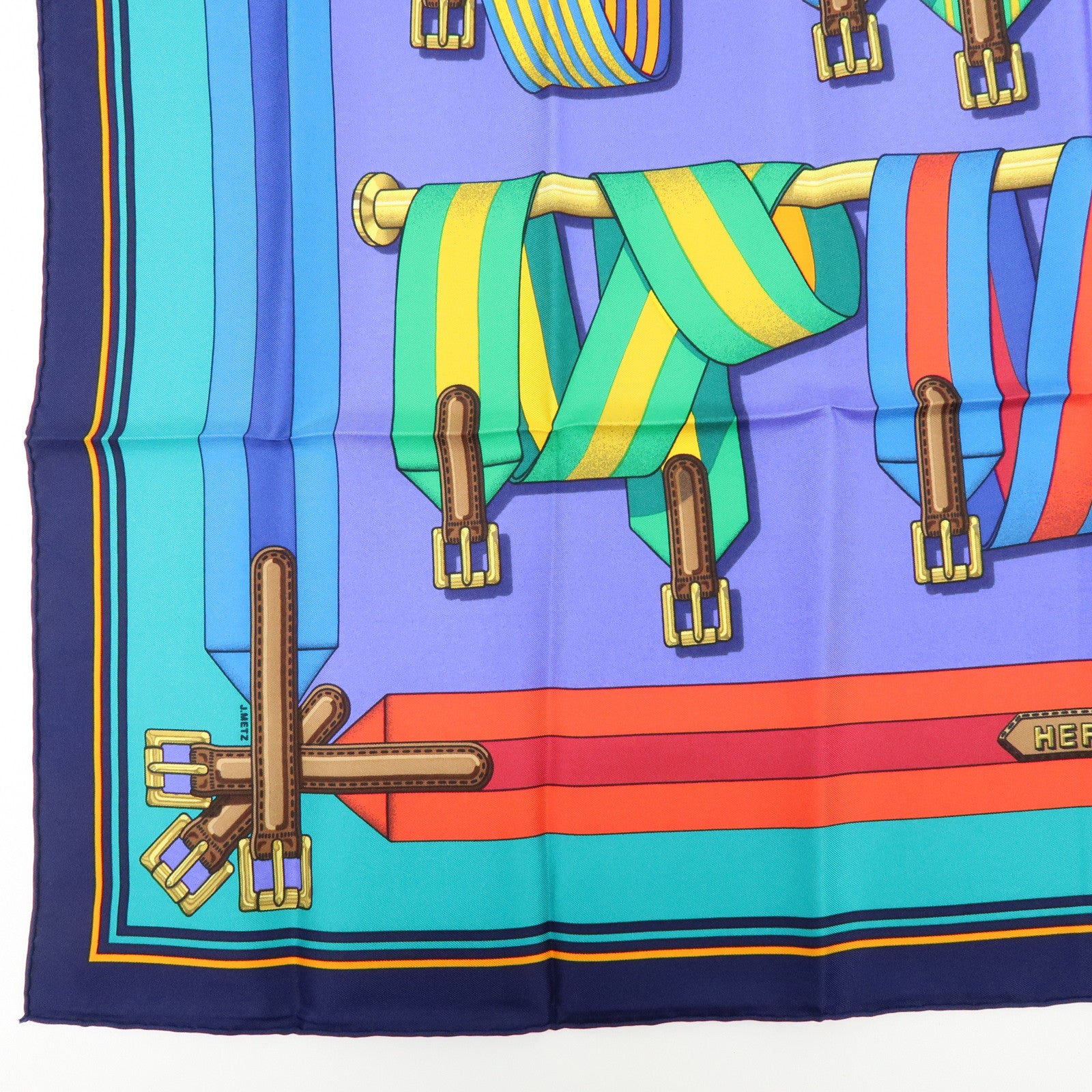 HERMES Carre 90 Silk 100% Scarf J.METZ Les Sangles Purple