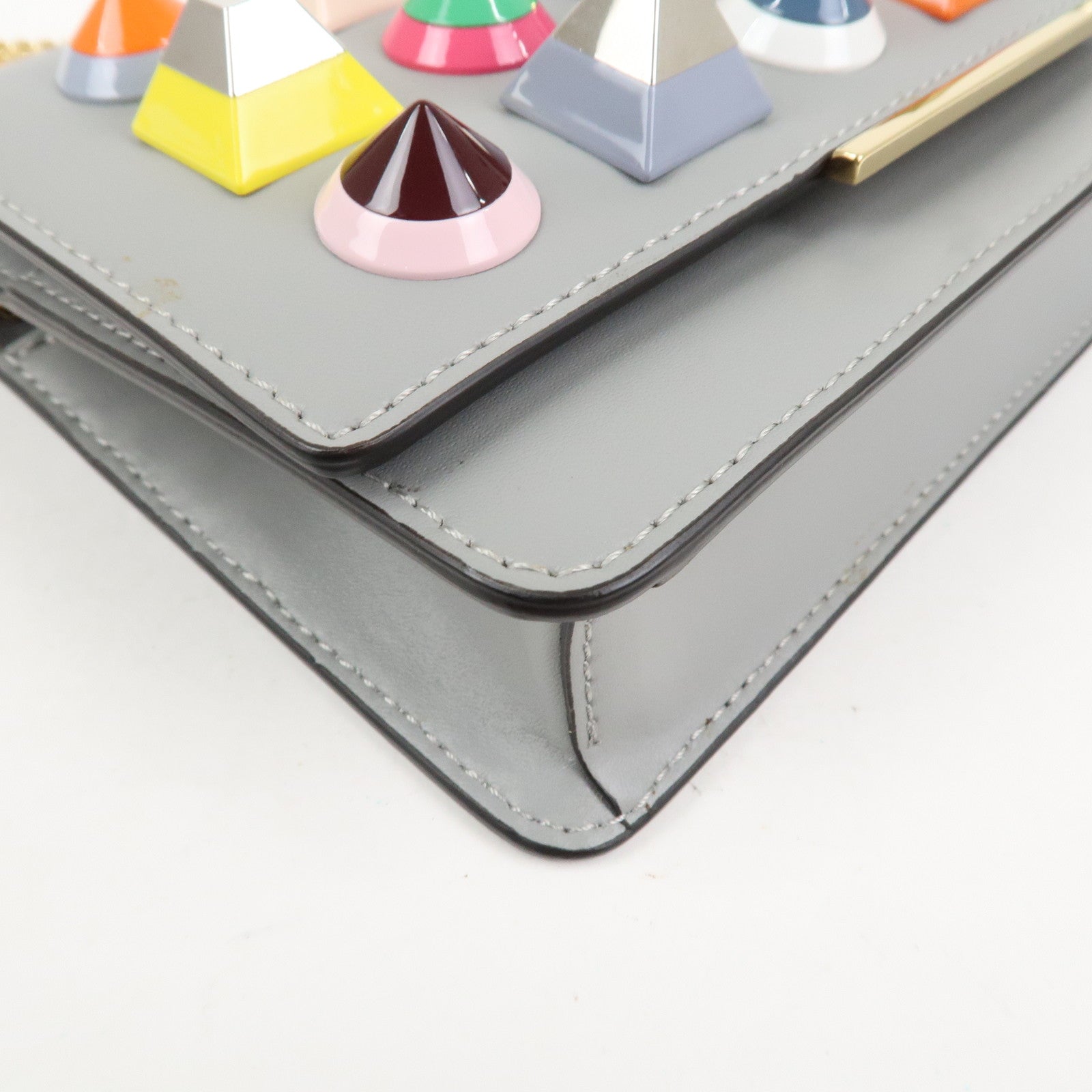 FENDI Leather Studs Shoulder Bag Hand Bag Grey 8M0346