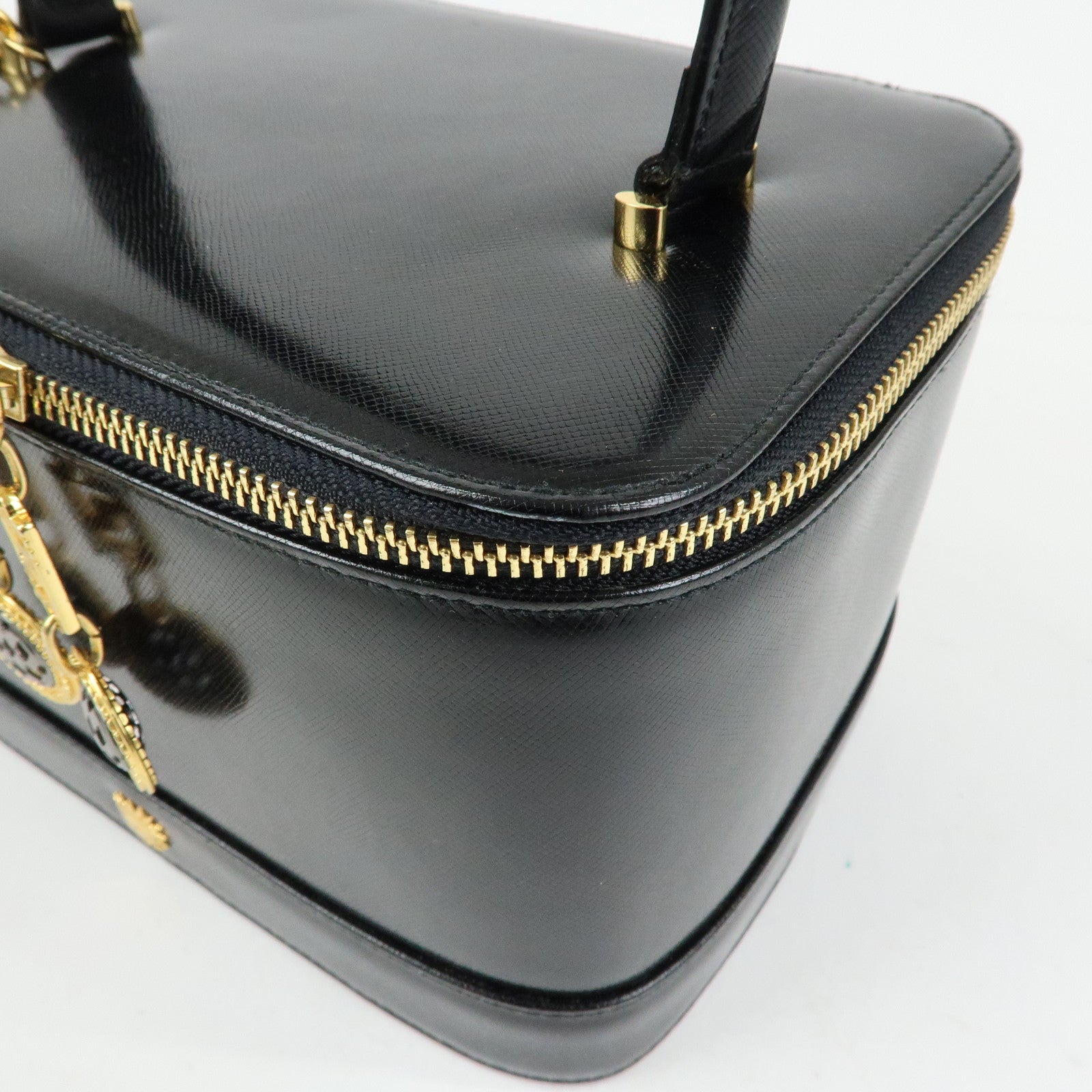 GIANNI VERSACE Leather Hand Bag Vanity Case Gold Charm Black