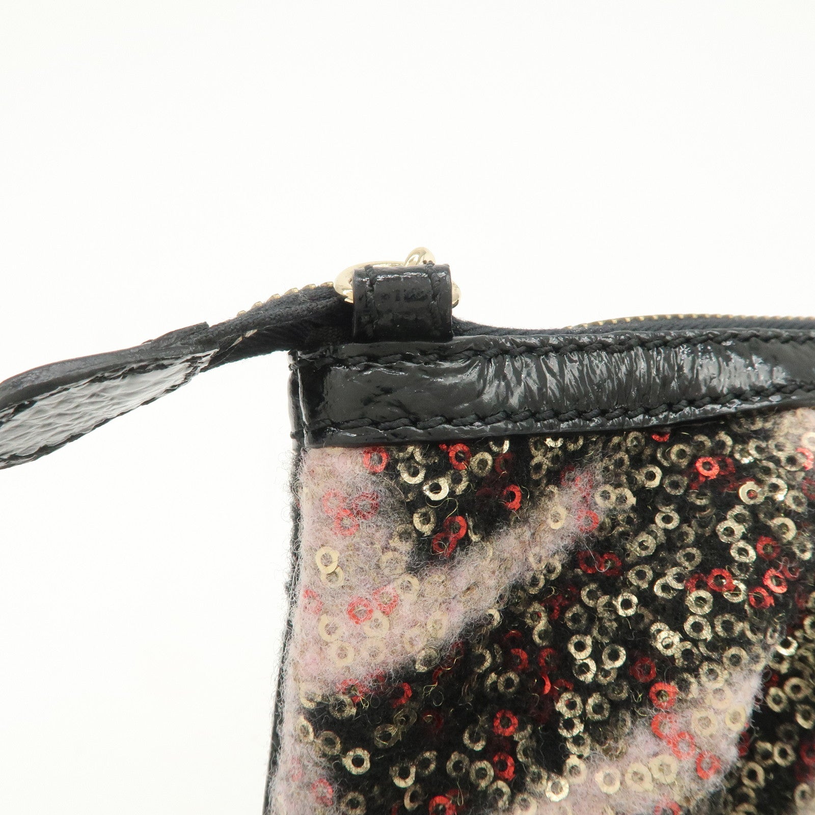 FENDI Wool Flip Sequin Leather Chain Bag Pouch Black Pink 8BR594