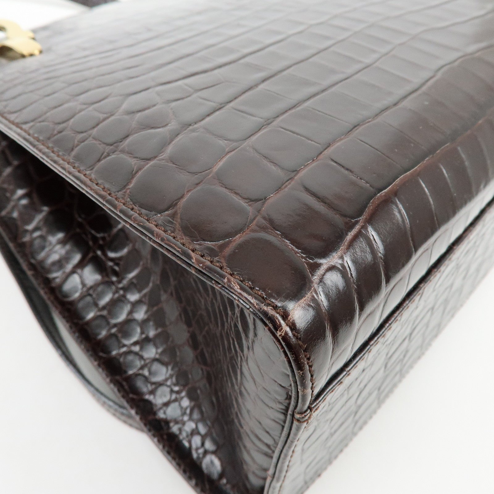 Ferragamo Gancini Embossed Leather Shoulder Bag Tote Bag Dark Brown