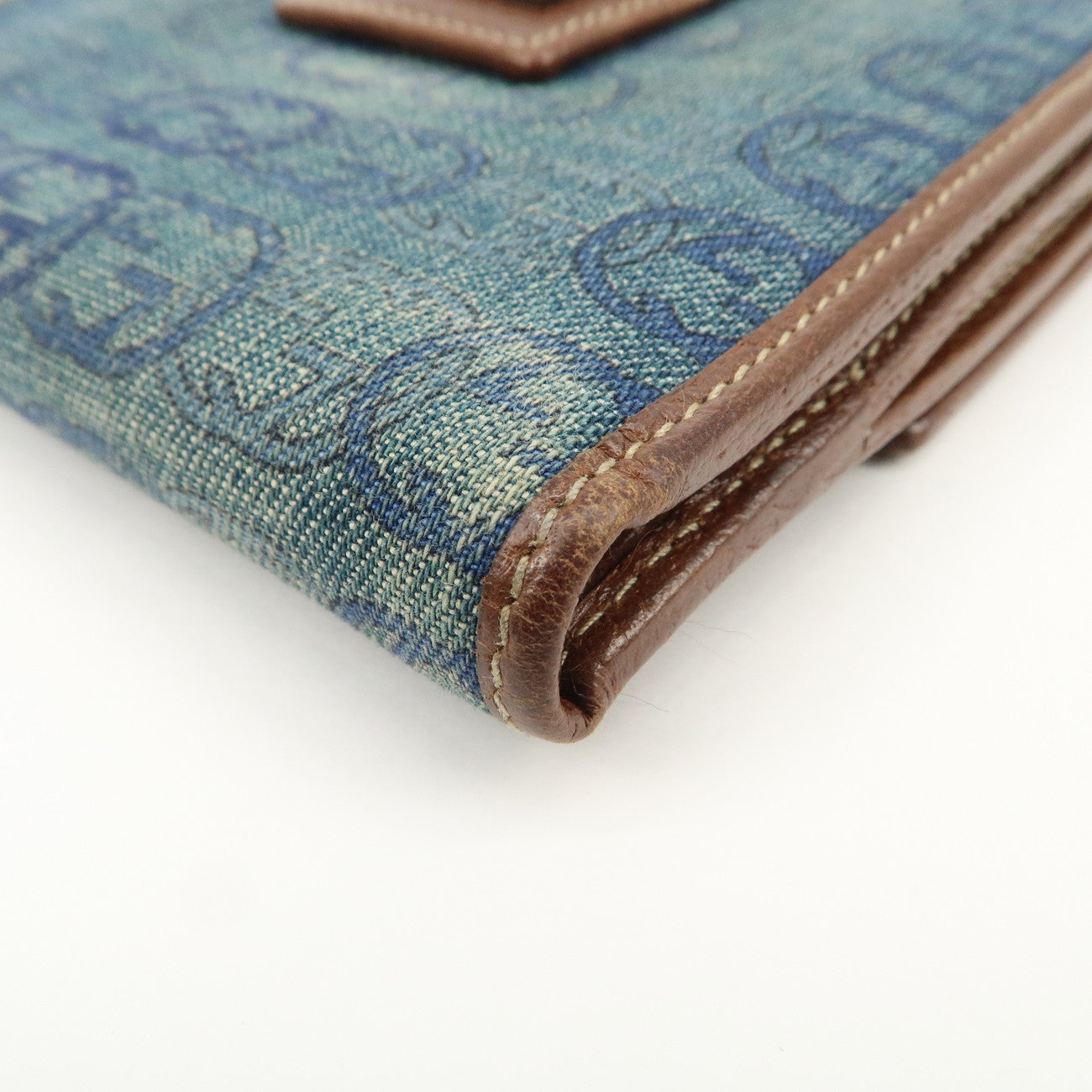GUCCI Denim Leather Bi-Fold Compact Wallet Blue Brown