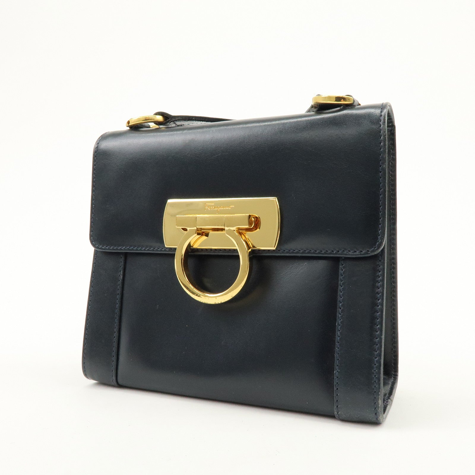 Ferragamo Gancini Leather Shoulder Bag Crossbody Bag Navy