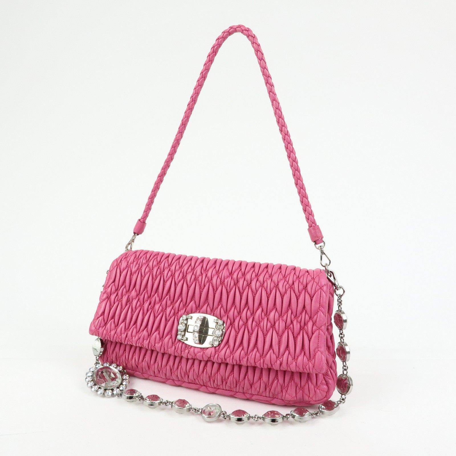 MIU MIU Matelasse Nappa Leather Rhinestone 2Way Bag Pink RP0169