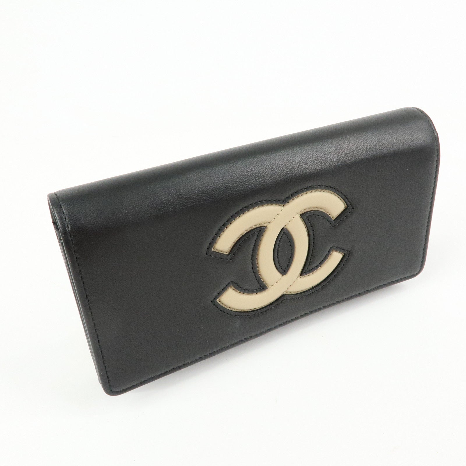 CHANEL Airline COCO Mark Lamb Skin Long Wallet Black A80896