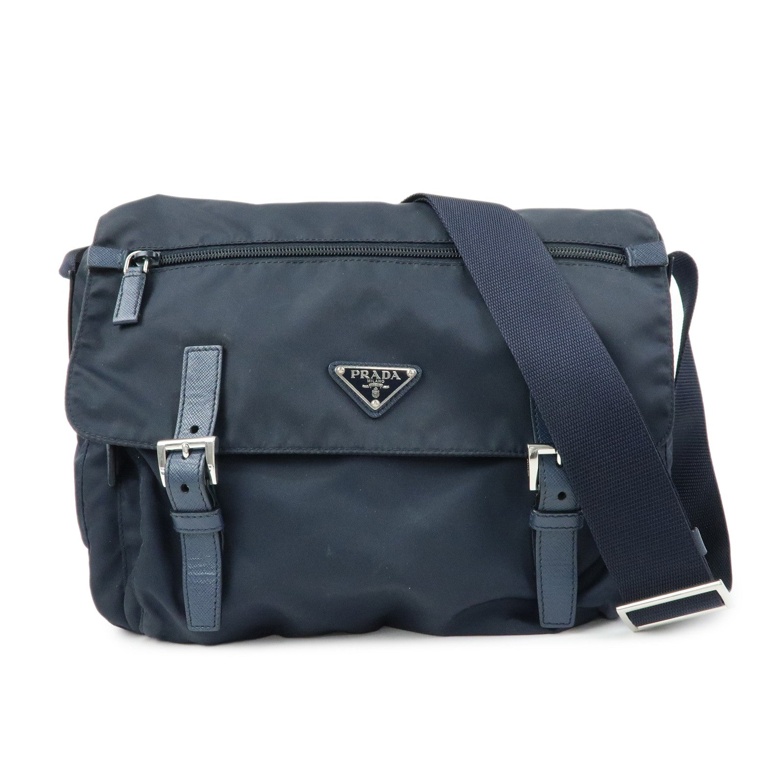 PRADA Triangle Logo Nylon Saffiano Leather Shoulder Bag Navy