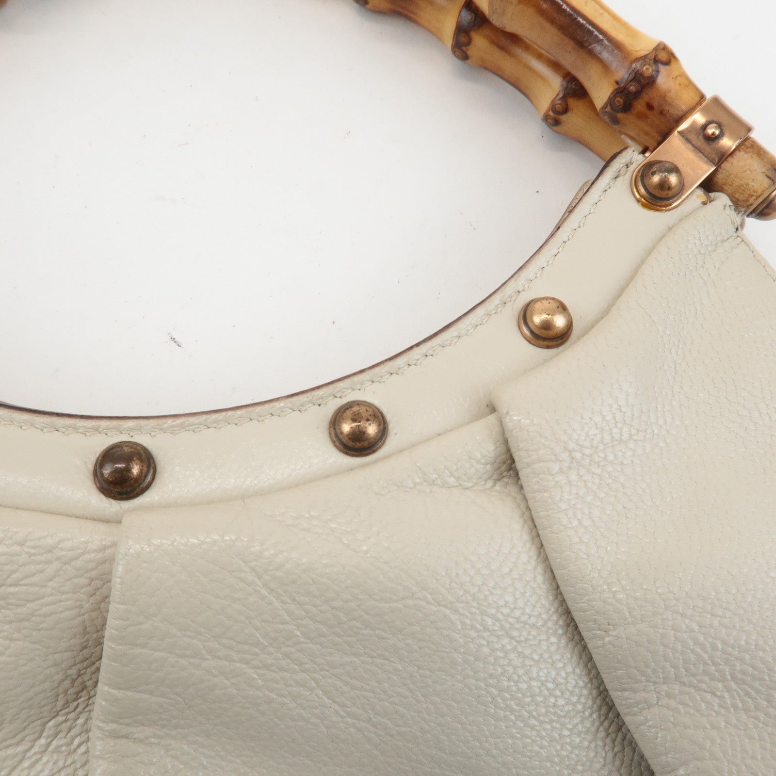 GUCCI Bamboo Studs Leather Tote Bag Hand Bag Ivory 124297 Used