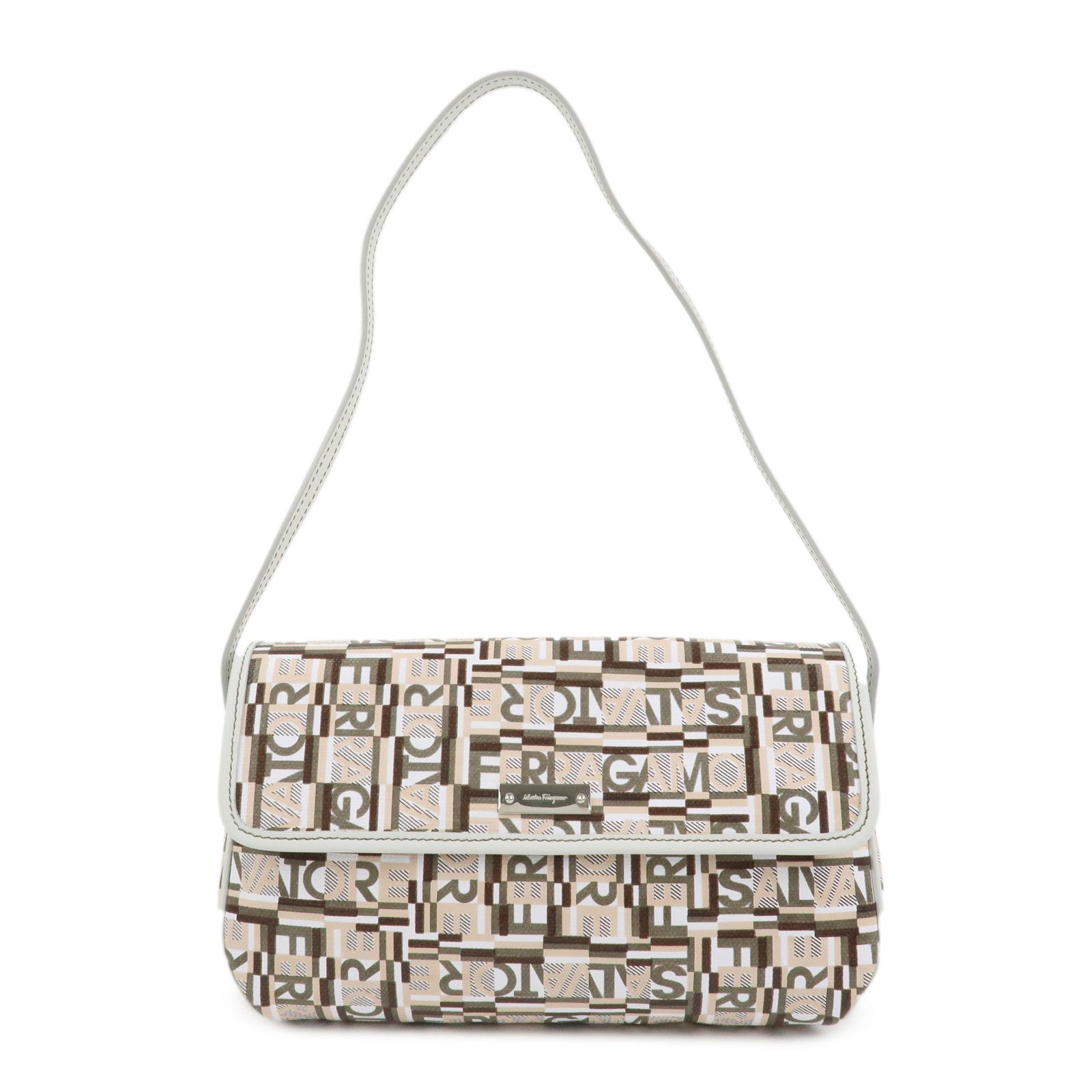 Ferragamo Logo PVC Canvas Leather Shoulder Bag Hand Bag White Gray