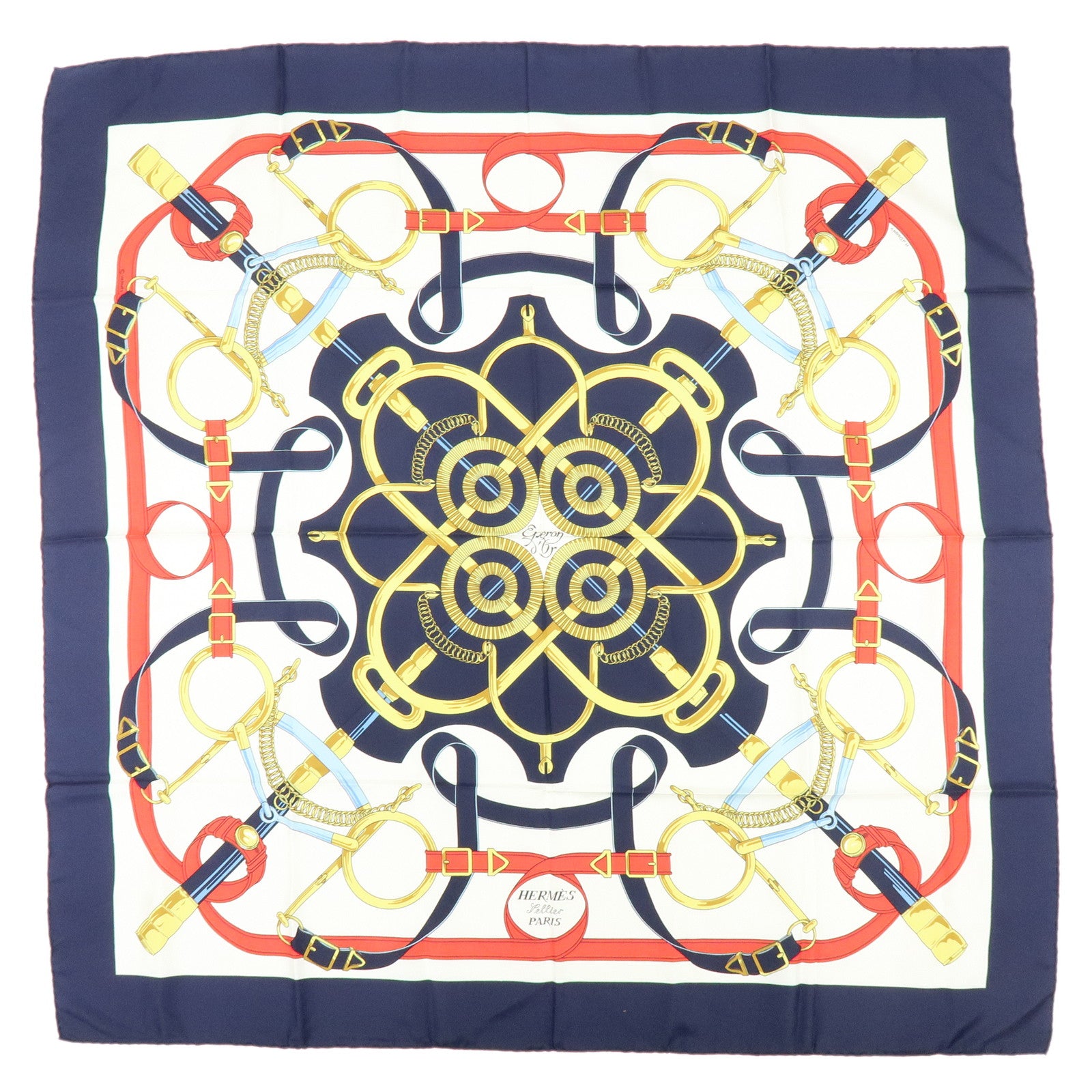 HERMES Carre 90 Silk 100% Scarf  Eperon d'or Navy White Yellow Red