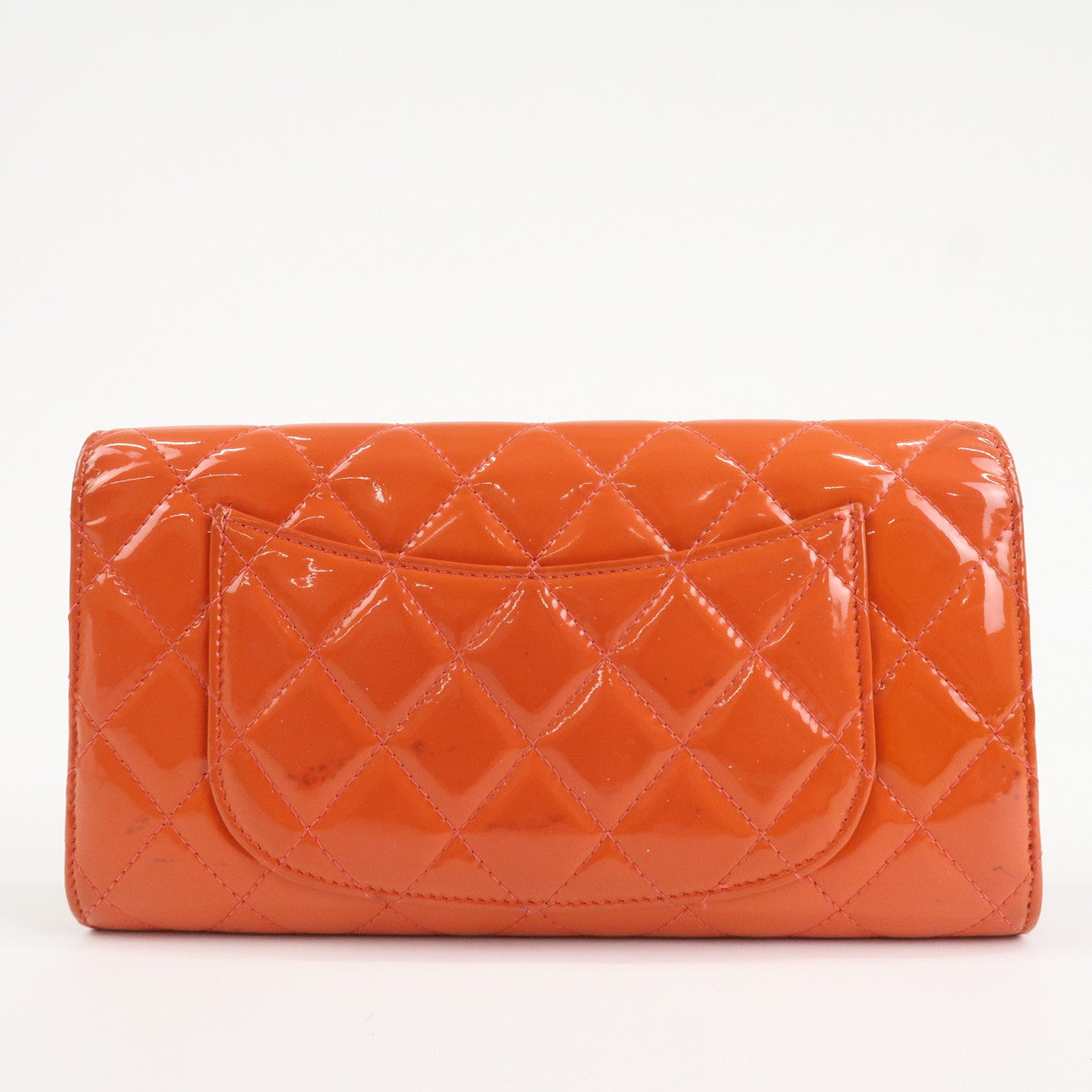 CHANEL Matelasse Patent Leather Long Wallet Card Case Pouch Orange Used