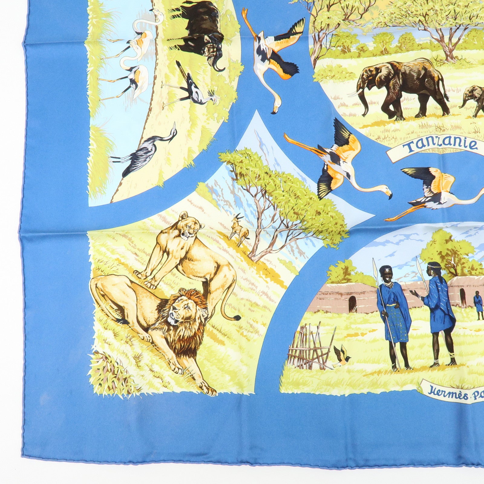HERMES Carre 90 Silk 100% Scarf Tanzanie Animal Print Blue Green