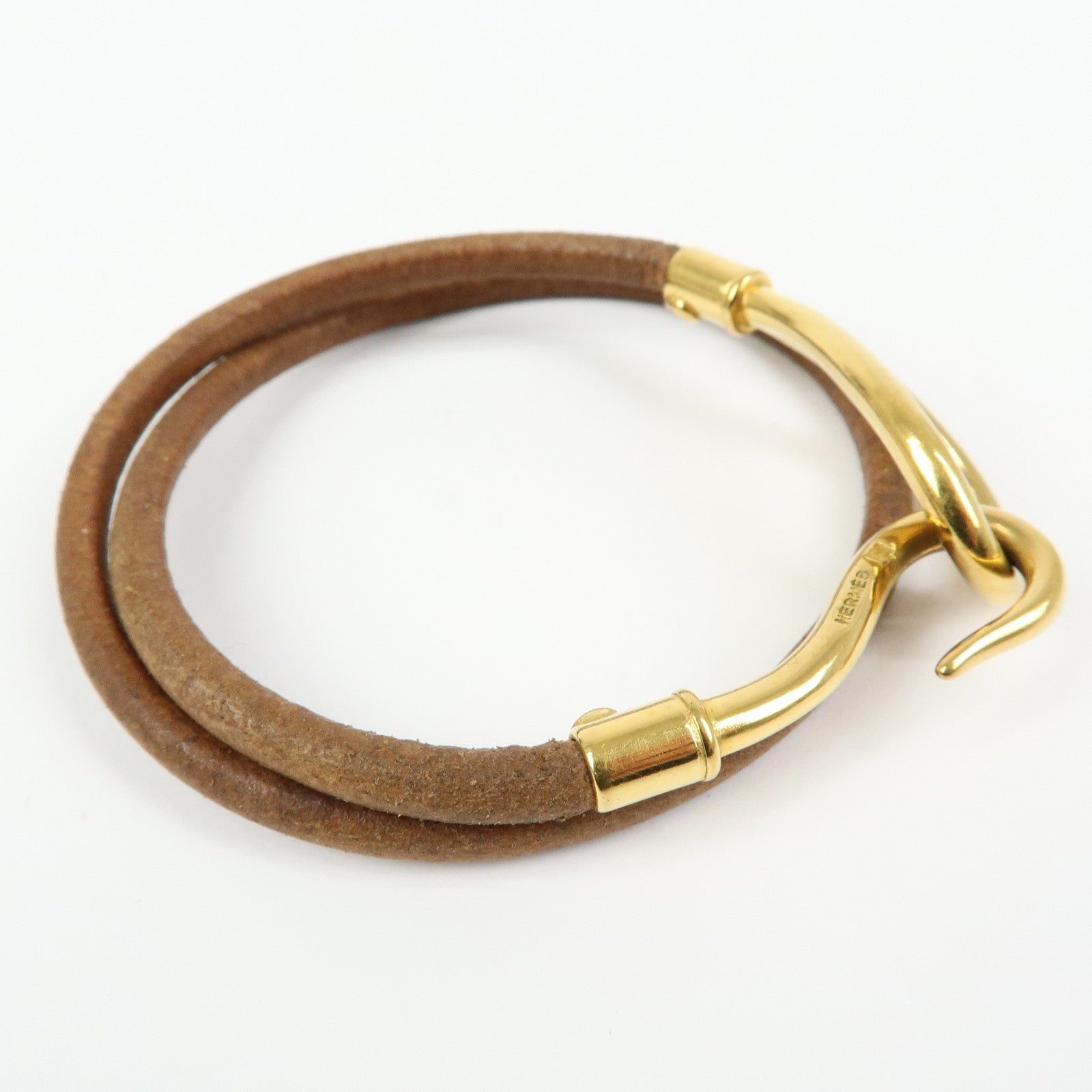 HERMES Jumbo Choker Leather Metal Bracelet Gold Brown
