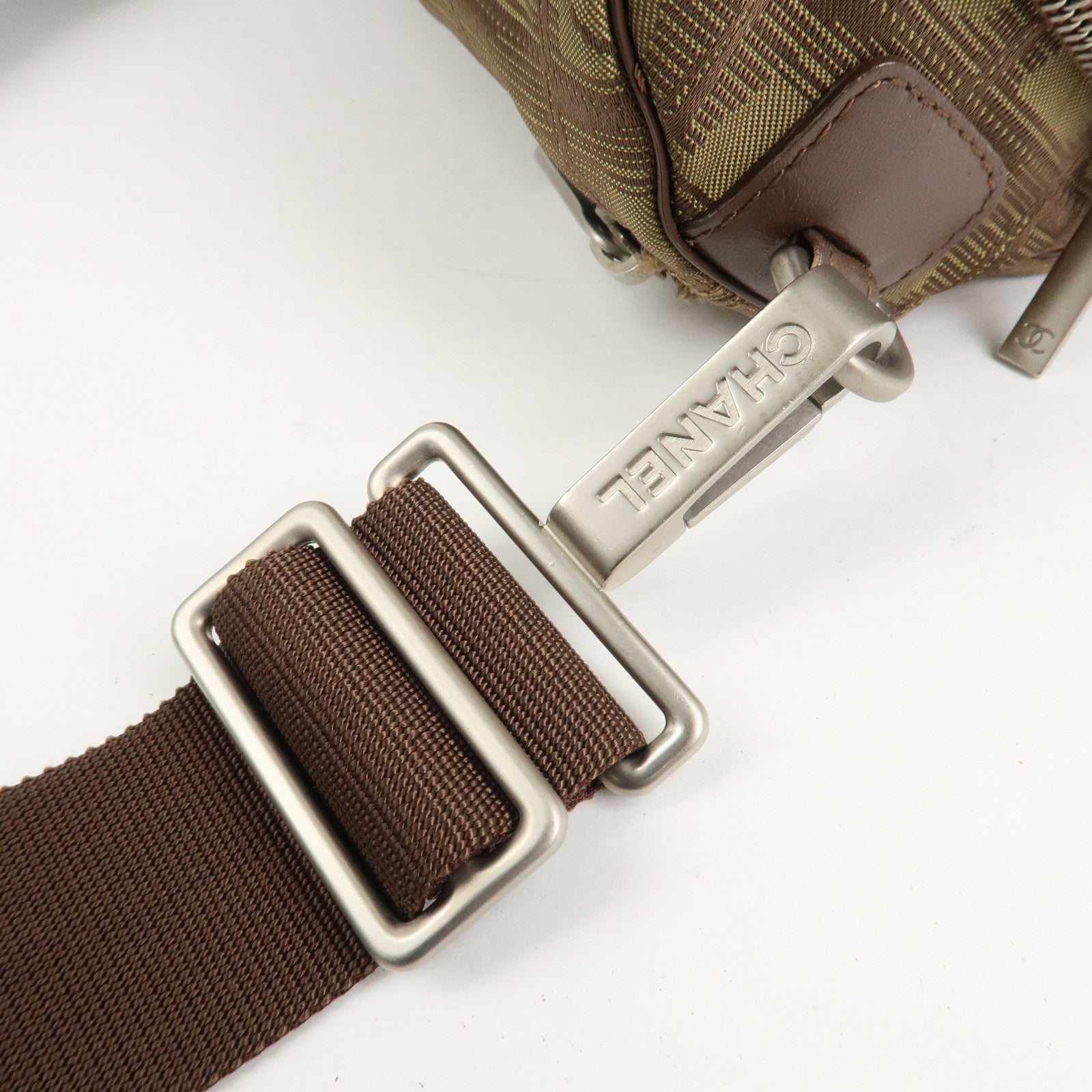 CHANEL New Travel Line Nylon Jacquard Shoulder Bag Khaki Used