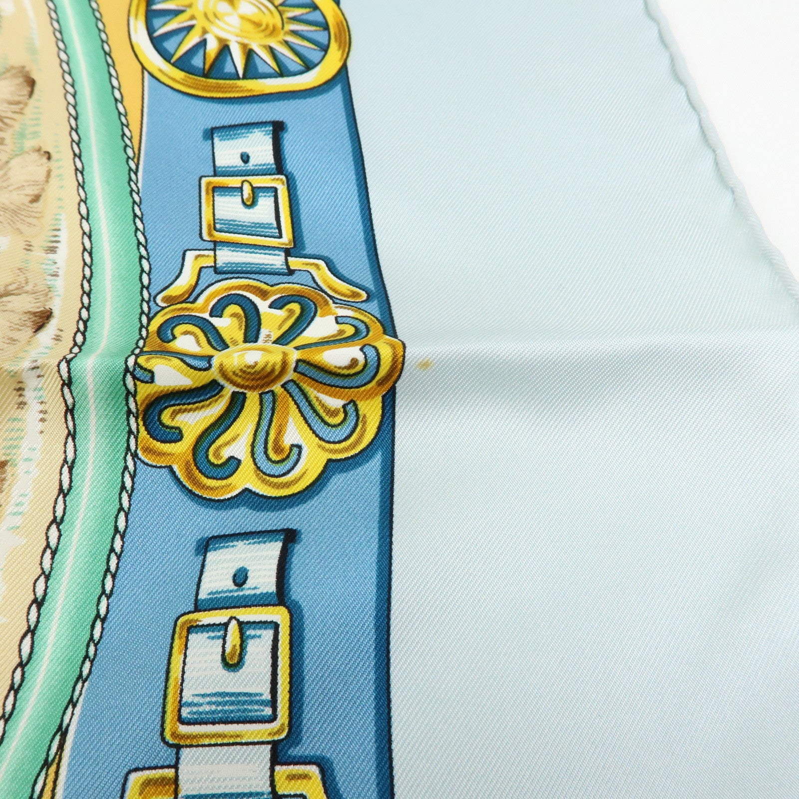 HERMES Carre 90 Silk 100% Scarf CHEVAUX DE TRAIT Light Blue Yellow