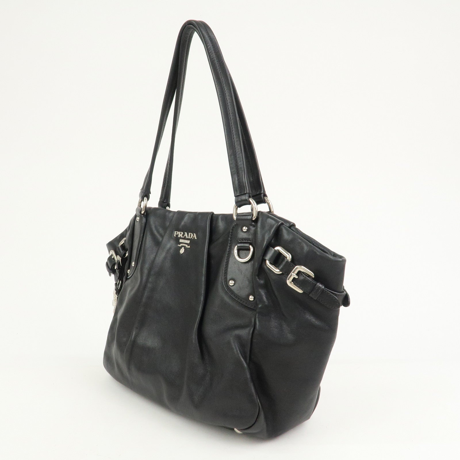 PRADA Logo Leather Shoulder Bag Hand Bag Black BR3974