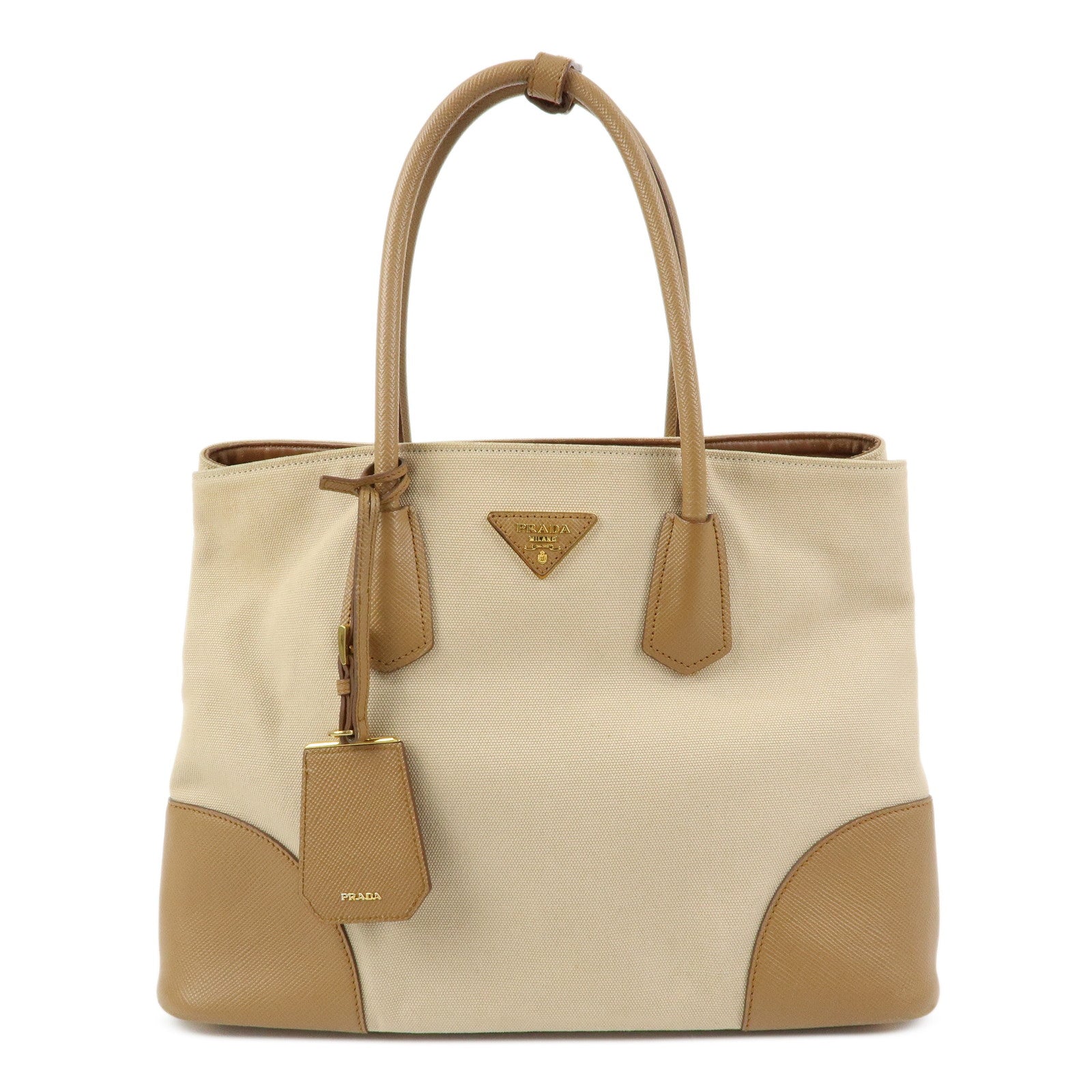 PRADA Triangle Logo Canvas Leather Tote Bag Beige Brown B2756T
