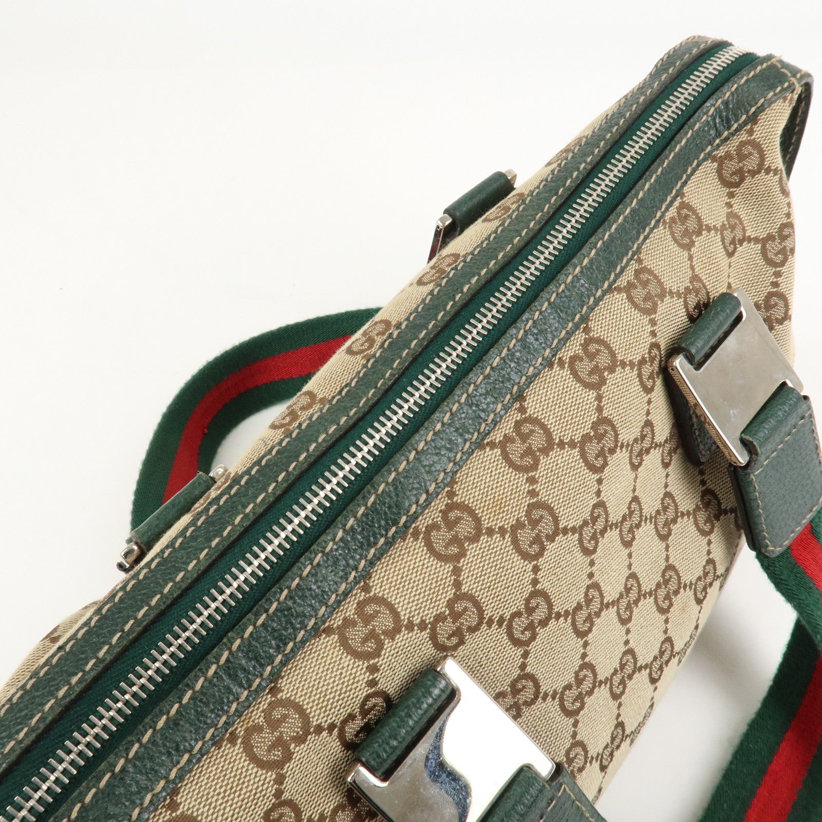 GUCCI Sherry GG Canvas Leather Hand Bag Beige Green 145759