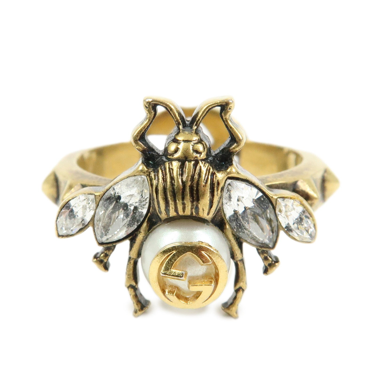 GUCCI Metal Strass Pearl Ring Bee Motif Gold #53 US6.5