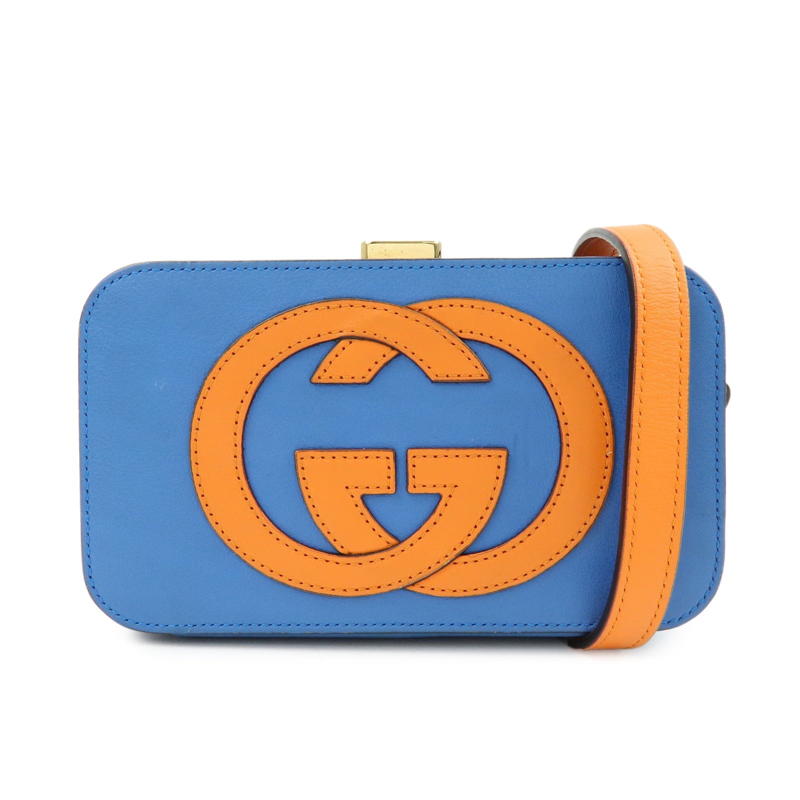 GUCCI Logo Interlocking G Leather Shoulder Bag Blue Orange 658230