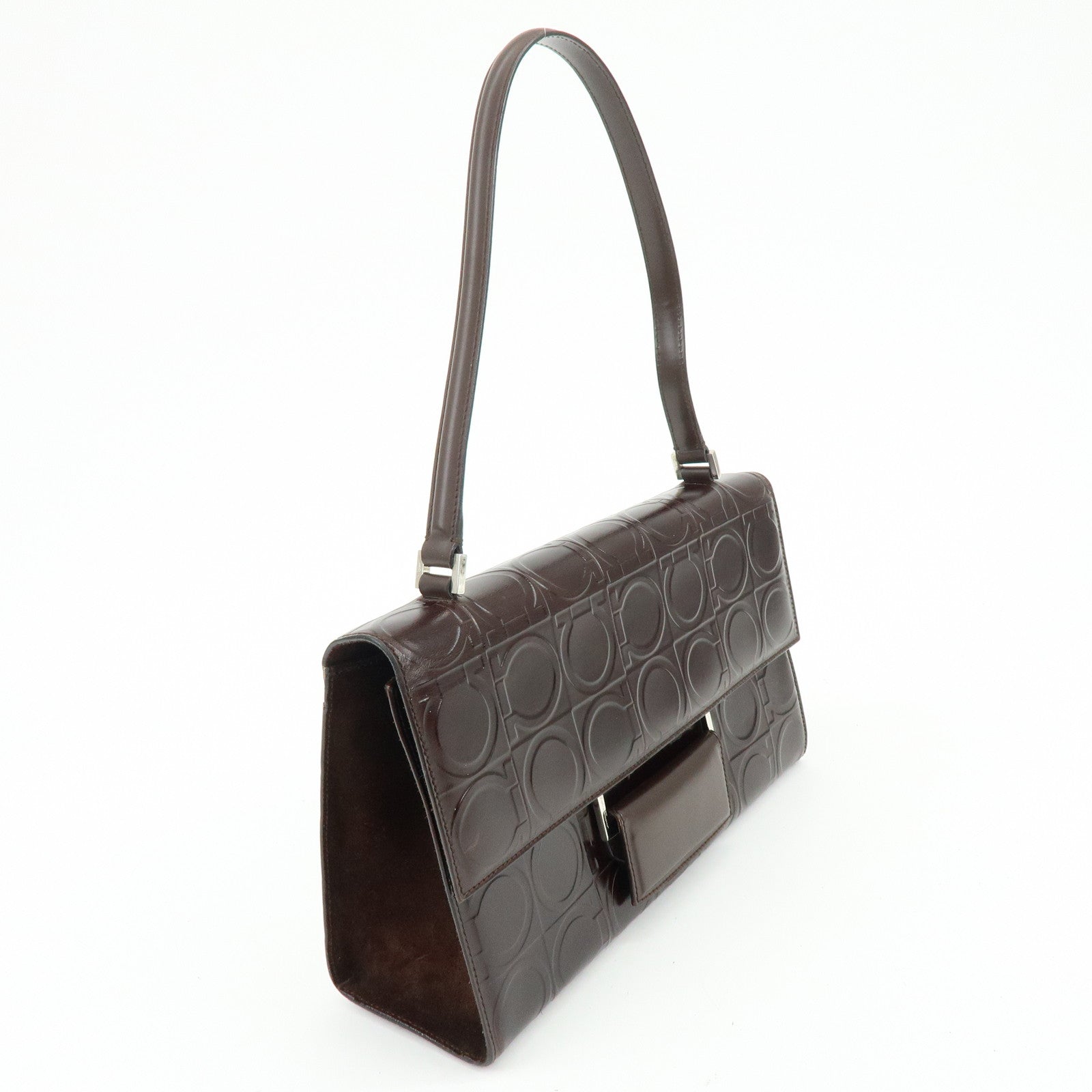 Ferragamo Gancini Leather Shoulder Bag Hand Bag Dark Brown