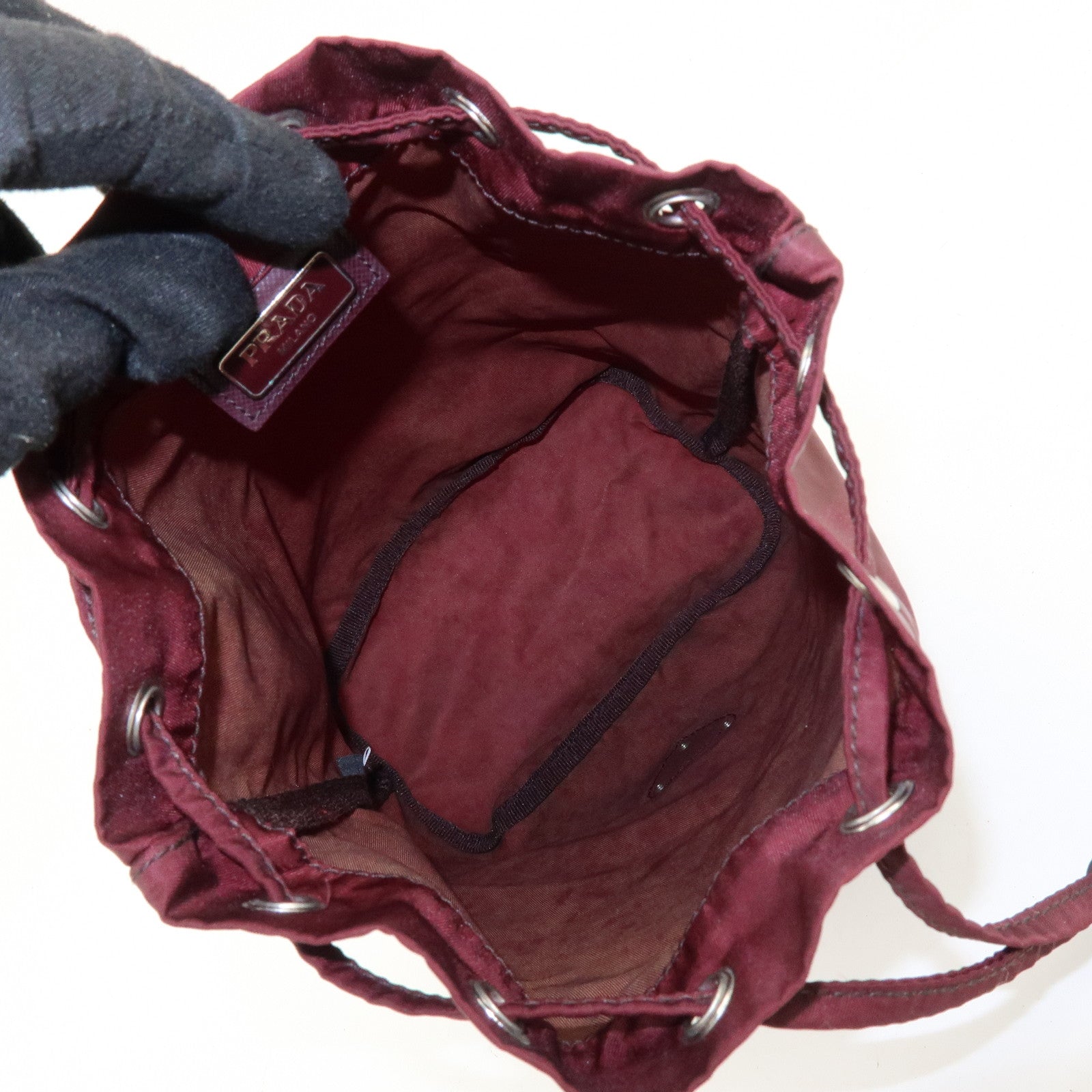 PRADA Triangle Logo Nylon Saffiano Leather Drawstring Pouch Bag