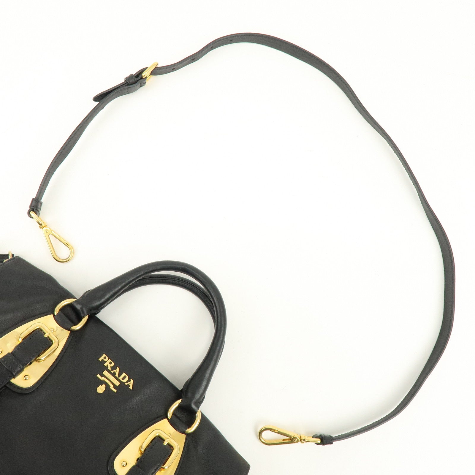 PRADA Logo Leather 2Way Bag Hand Bag Shoulder Bag Black Gold BN1903