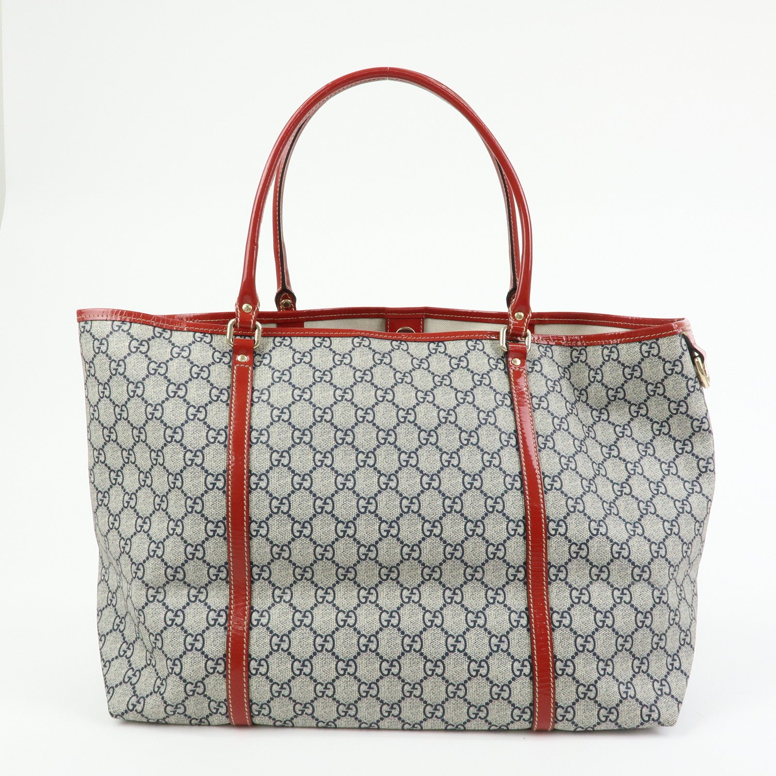 GUCCI JOY Collection GG Supreme Patent Leather Tote Bag Navy Red
