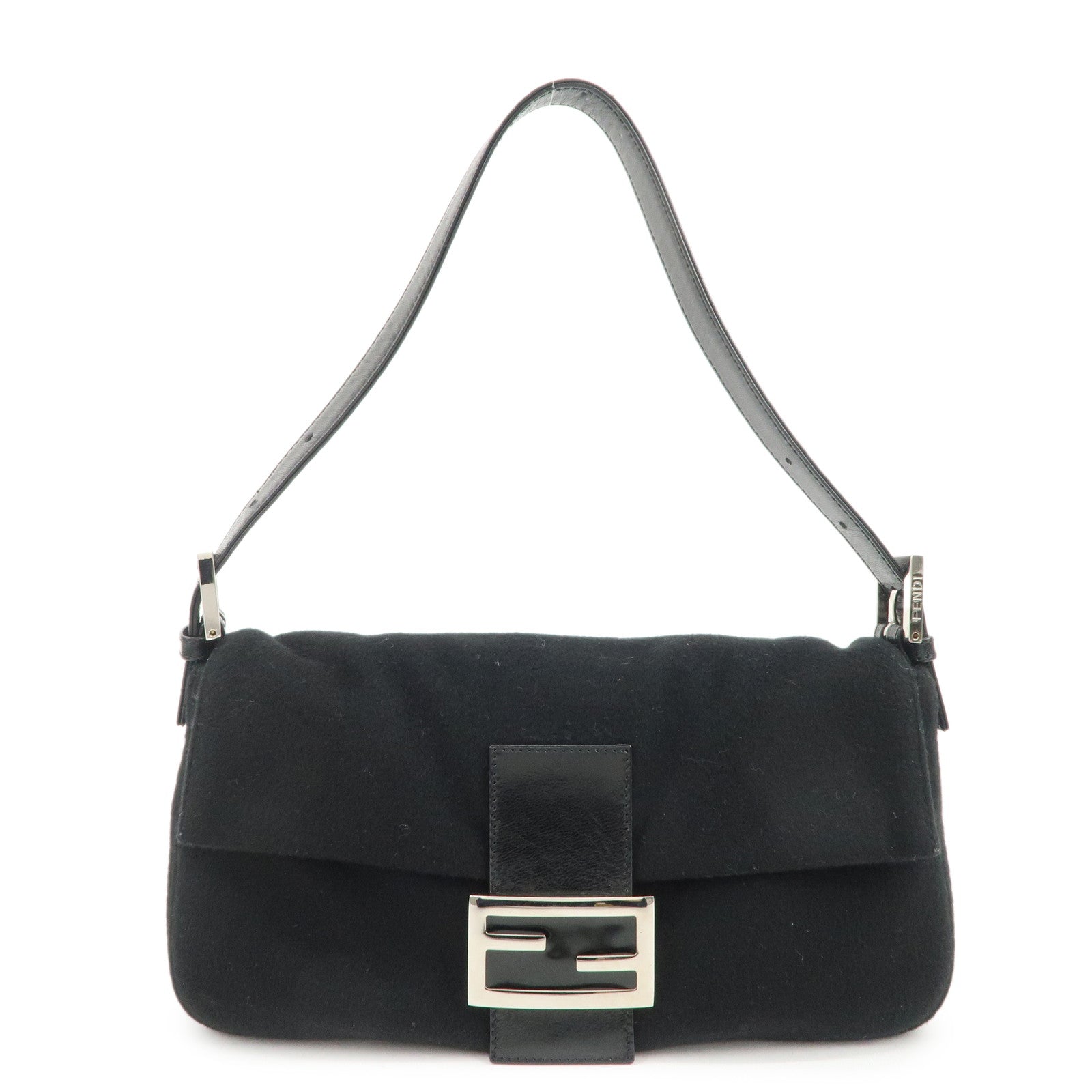 FENDI Mamma Baguette Wool Leather Shoulder Bag Hand Bag Black 26424