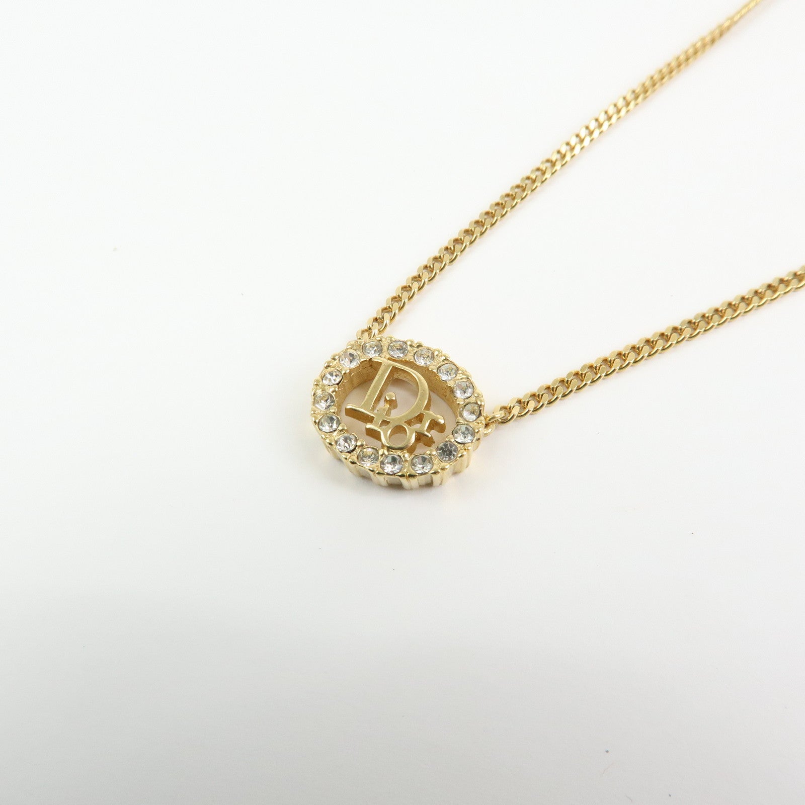 Christian Dior Logo Pendant Metal Rhinestone Necklace Gold