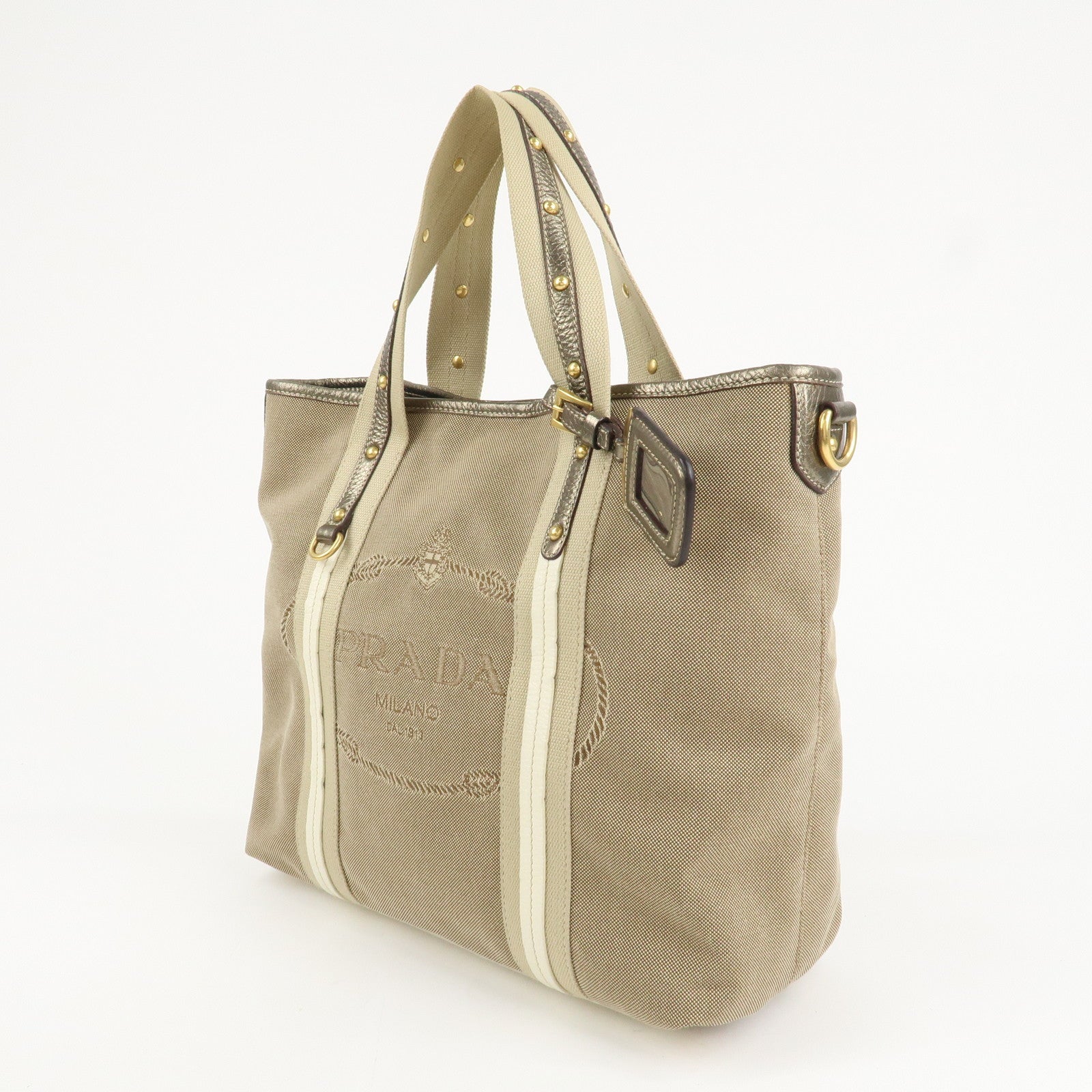 PRADA Nylon Jacquard 2Way Tote Shoulder Bag Beige BN1452 Used