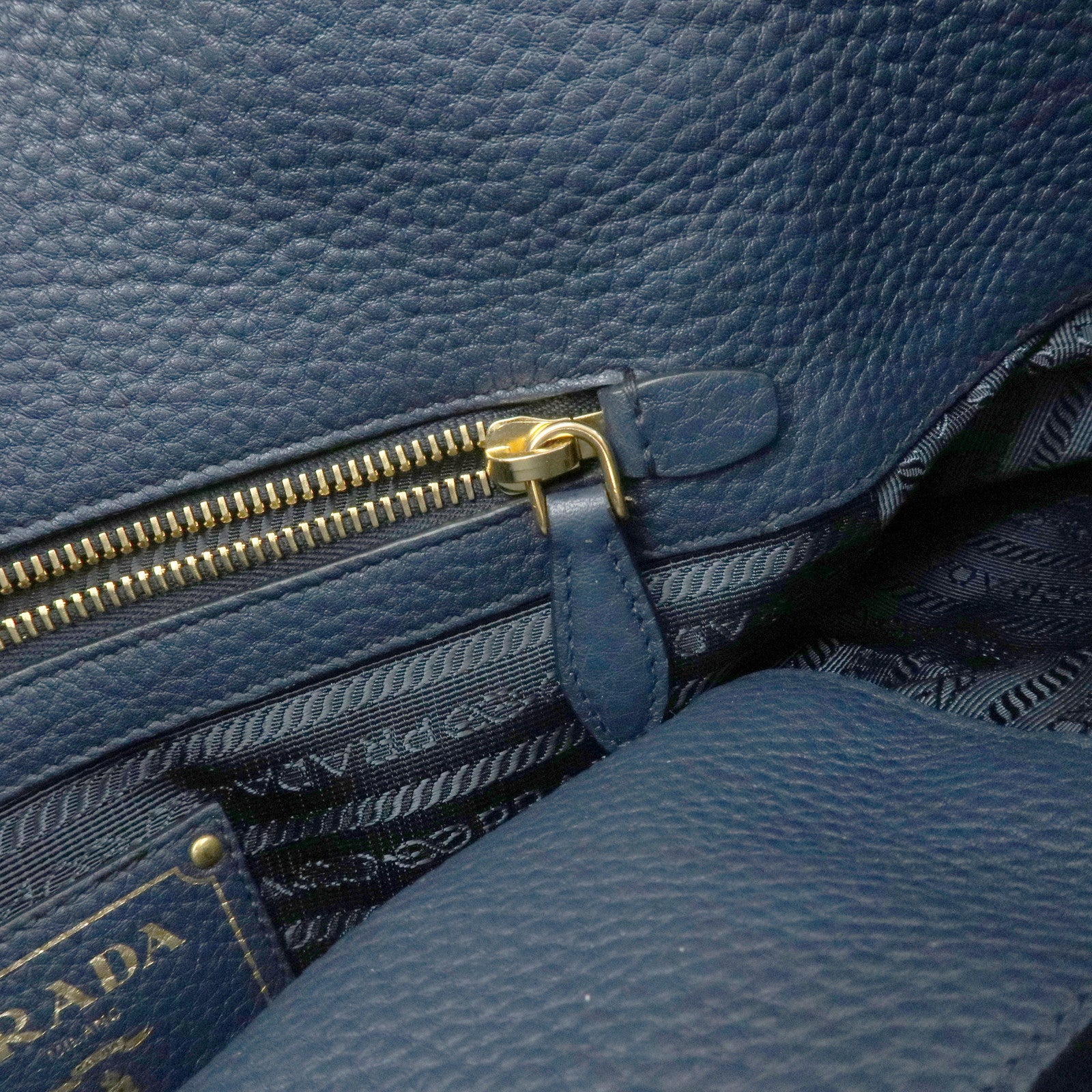 PRADA Logo Leather Tote Bag Shoulder Bag Navy Light Brown 1BG064