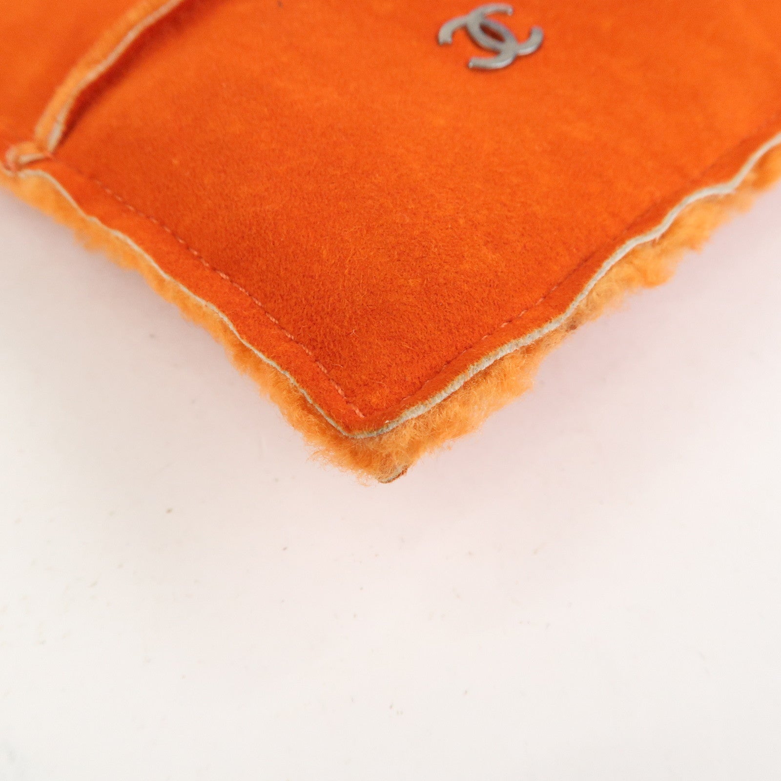 CHANEL Logo Mouton Clutch Bag Cosmetic Pouch Makeup Bag Orange