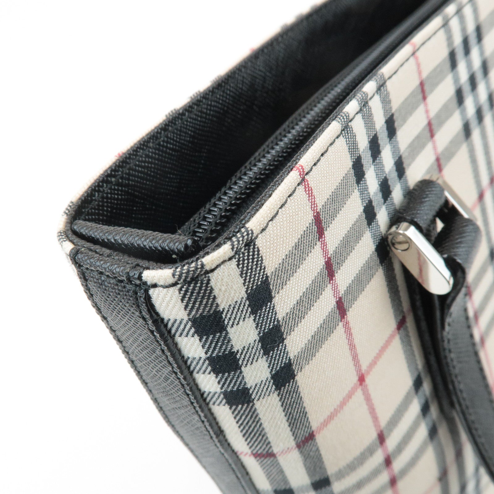 BURBERRY Nova Plaid Canvas Leather Tote Bag Shoulder Bag Black Used