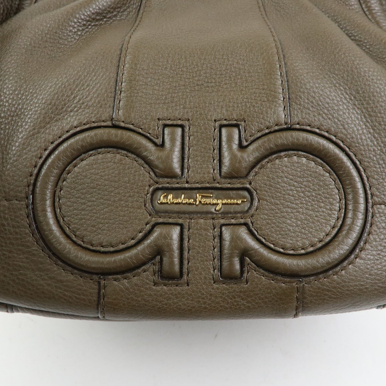 Ferragamo Gancini Calf Leather Hand Bag Shoulder Bag Khaki
