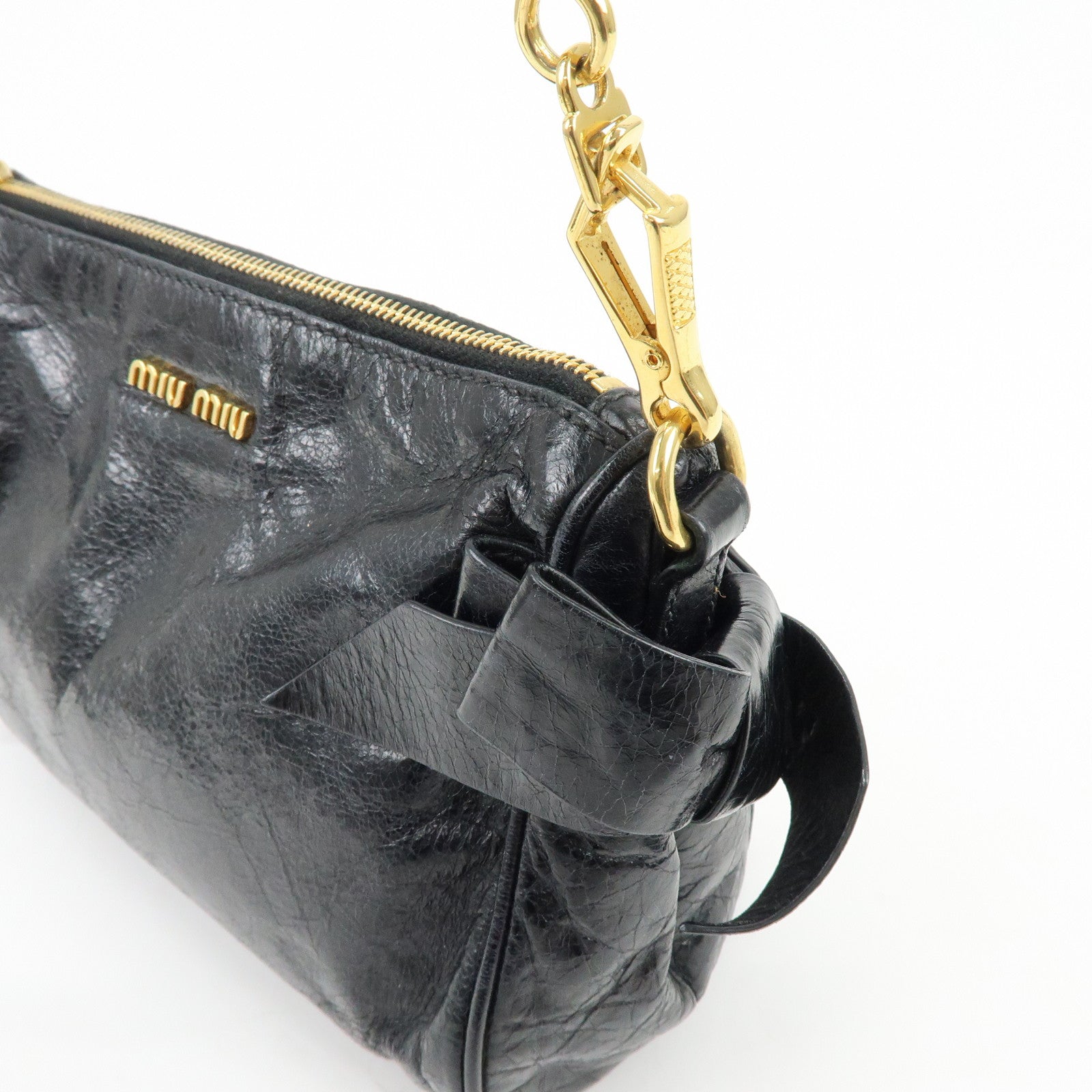 MIU MIU Leather Side Ribbon Mini Shoulder Bag Hand Bag Black 5N1557