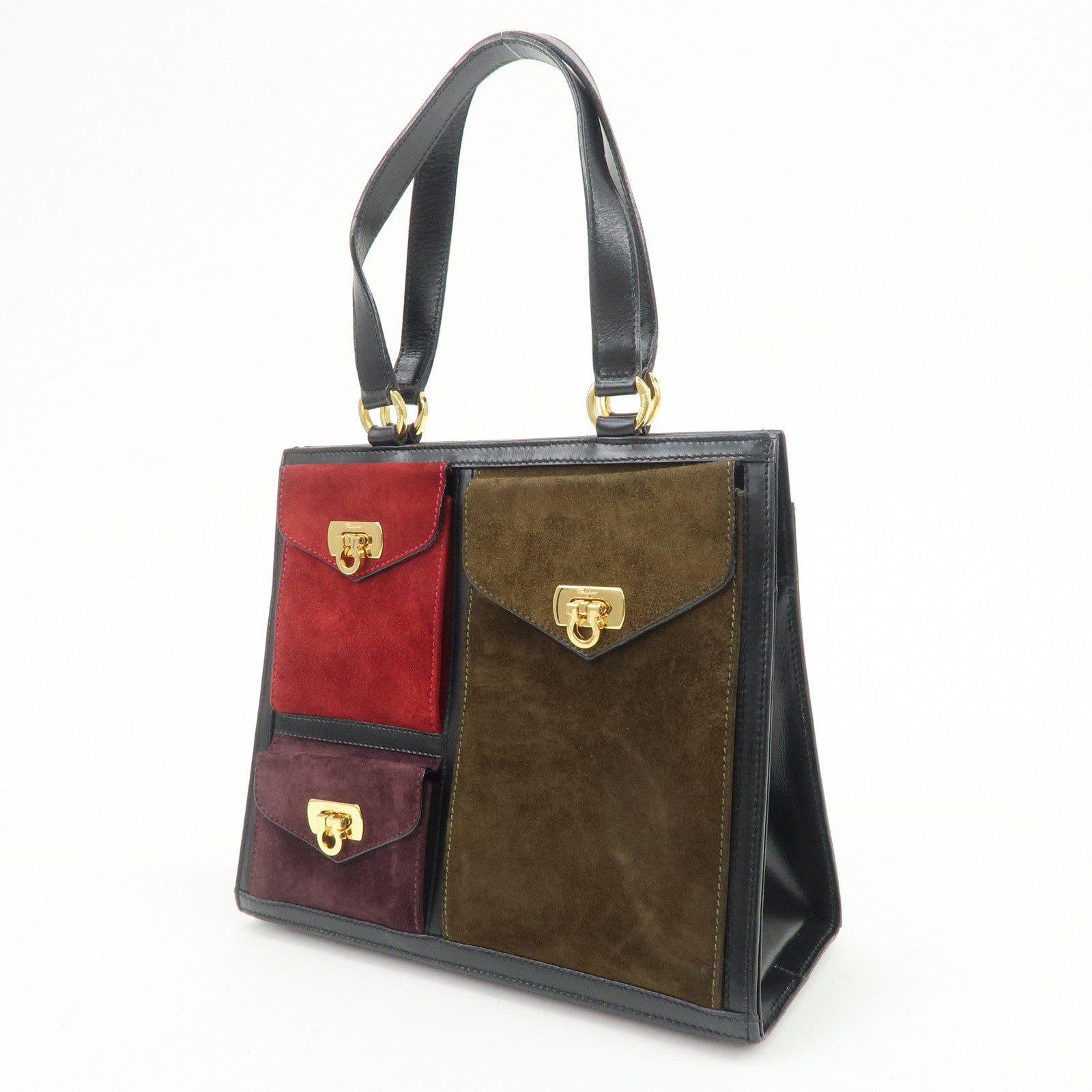 Ferragamo Gancini Suede Leather Hand Bag Tote Bag Black Khaki Red