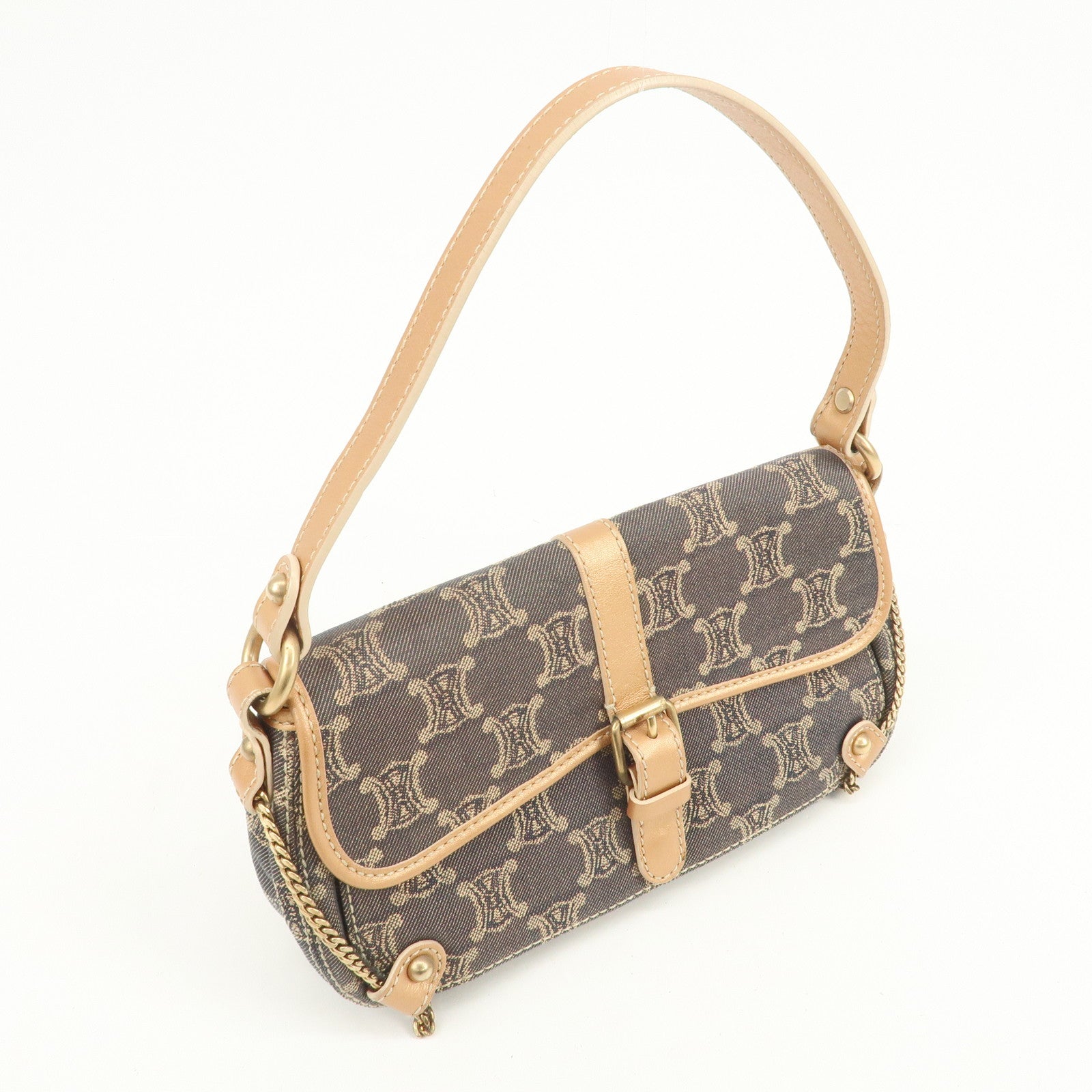 CELINE Macadam Denim Leather Shoulder Bag Metalic Pink Beige Navy