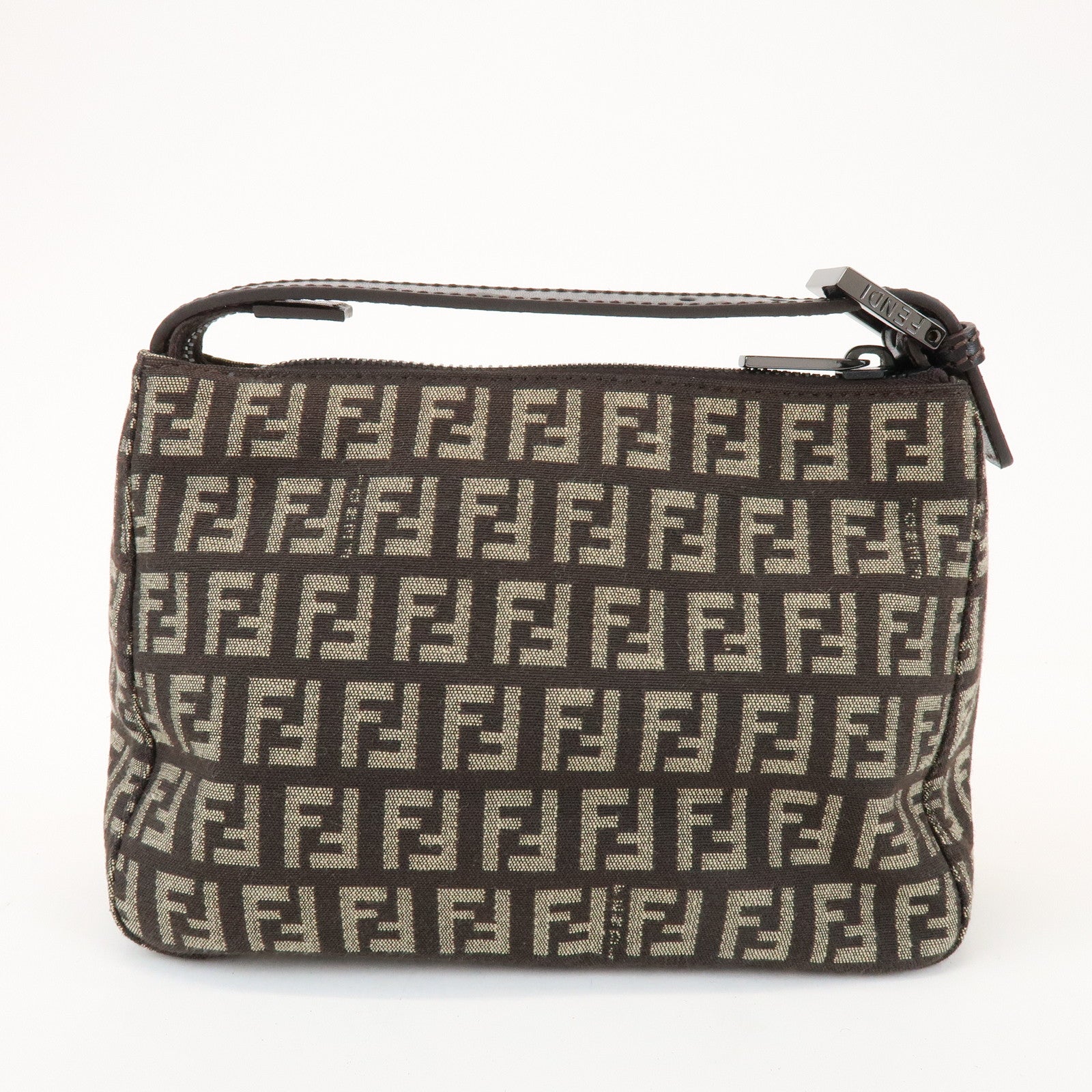 FENDI Zucchino Canvas Leather Hand Bag Pouch Bag Brown 8N00001