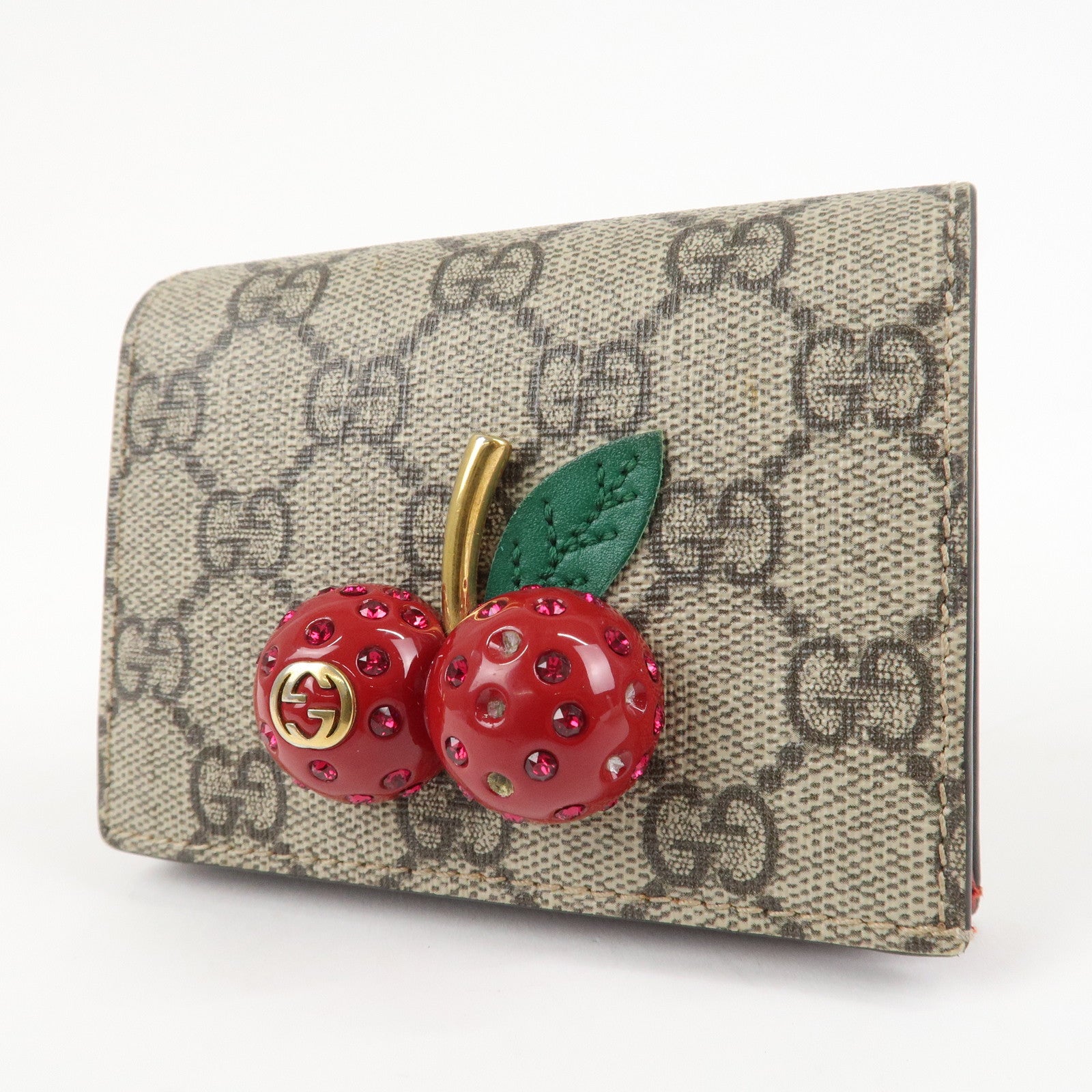 GUCCI Interlocking G GG Supreme Cherry Compact Wallet Beige 476050 Used